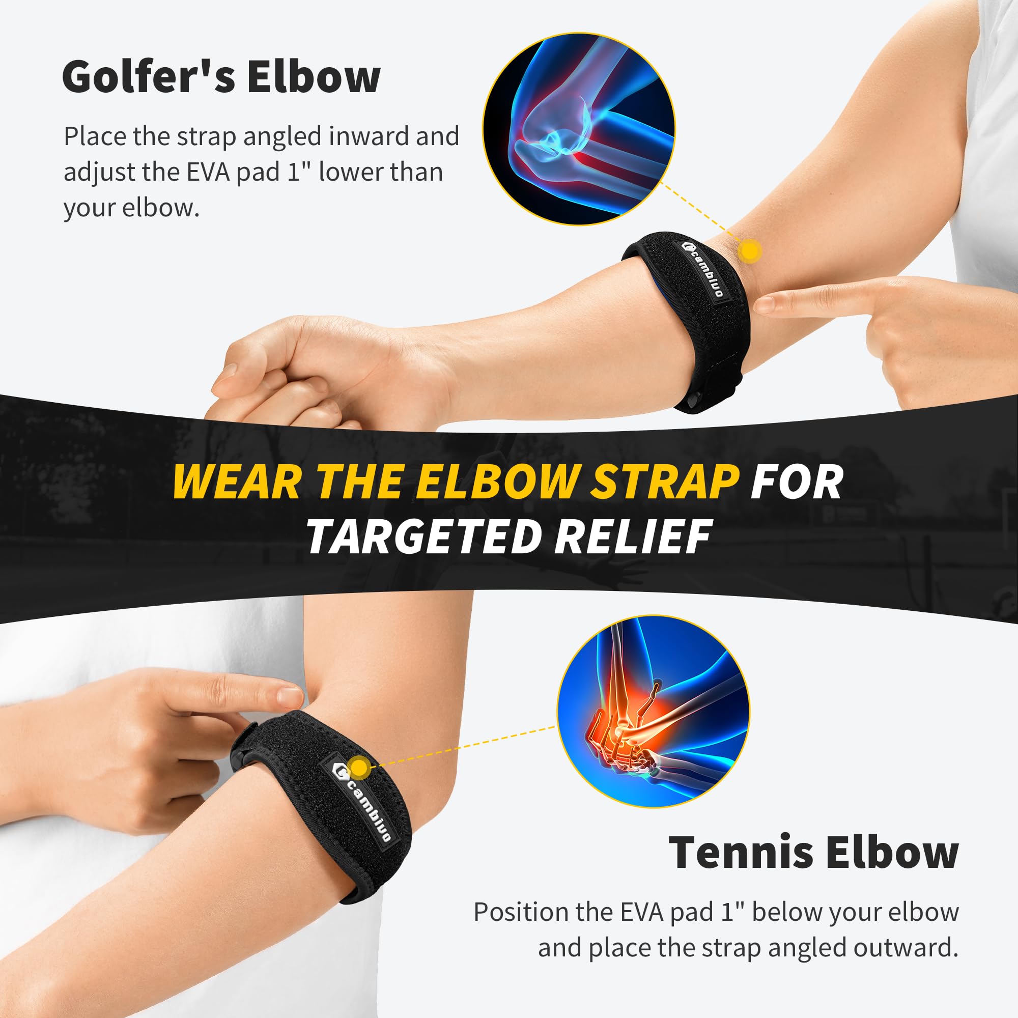 CAMBIVO Tennis Elbow Brace Set - 2Pcs Compression Elbow Sleeves & 1Pcs Adjustable Support Strap for Men & Women - Pain Relief for Tennis Elbow, Golfer's Elbow & Tendonitis - Perfect for Sports, Gym & Daily Activities (Black, Small)