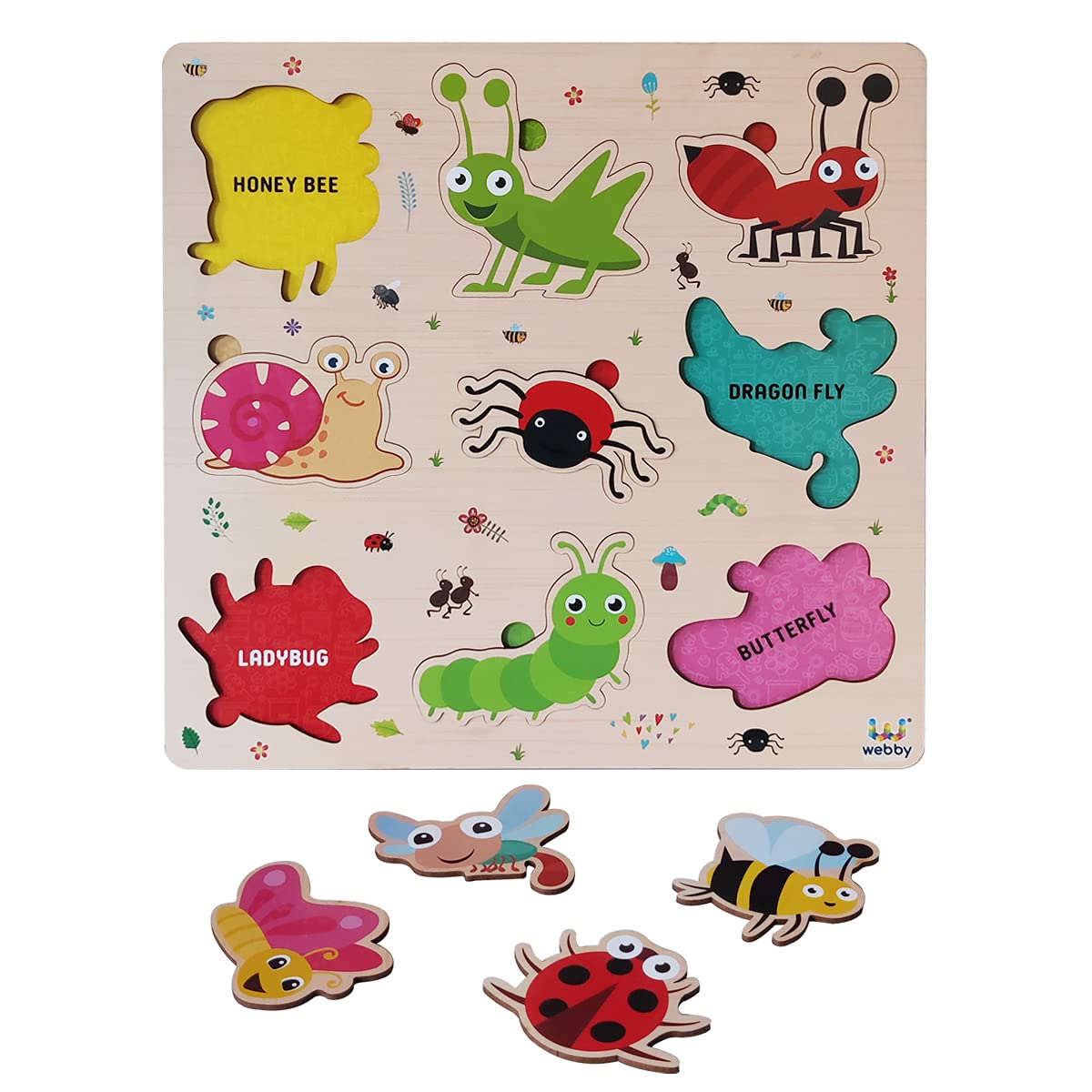 Webby Wooden Insects Montessori Educational Puzzle Board Toy for Kids - Preschool Learning & Fine Motor Skills Development - Perfect for Homeschooling & Classroom Activities