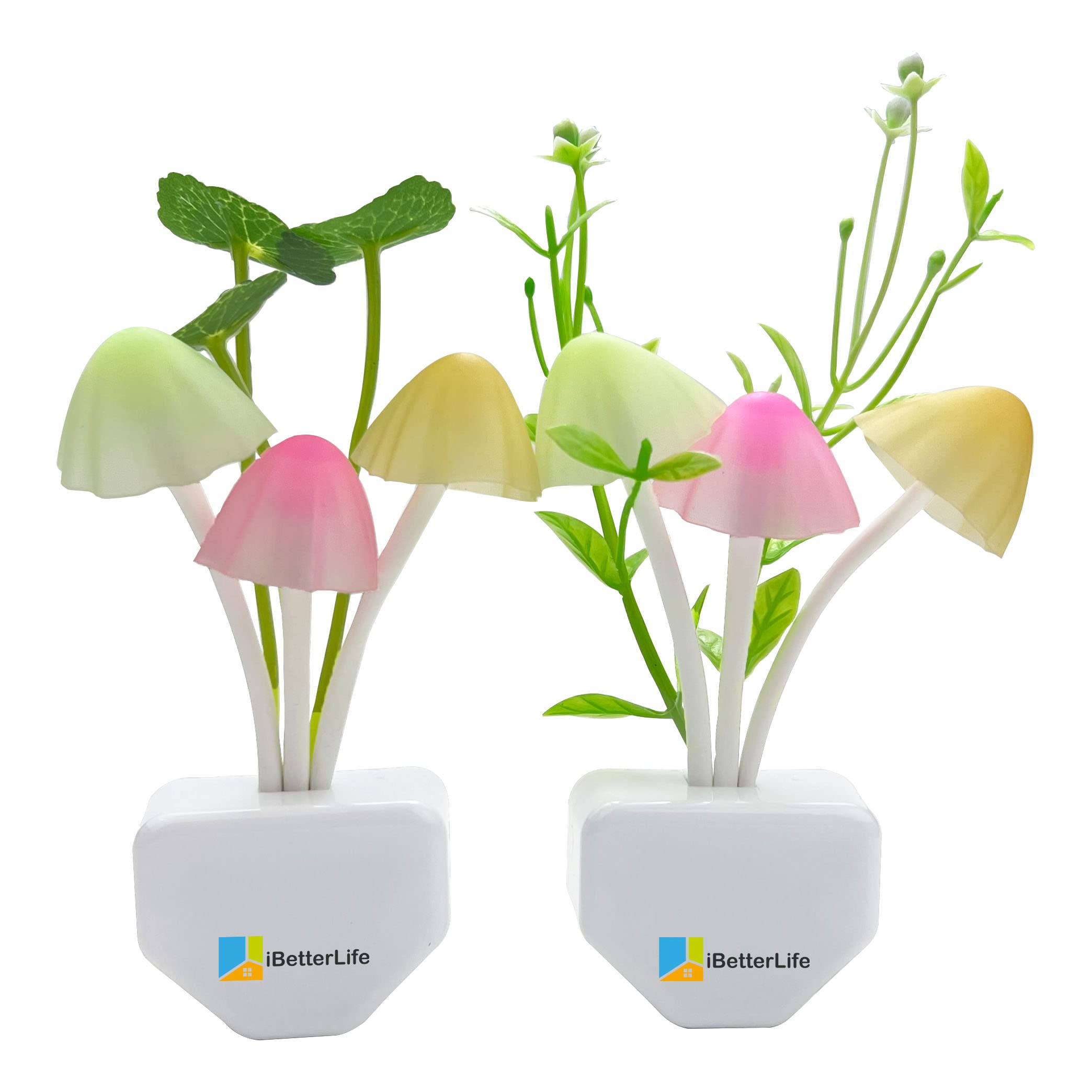 iBetterLife Color Changing LED Mushroom Night Light with Dusk to Dawn Sensor - Auto On/Off, Energy Saving Plug in Wall Lamp for Bedroom, Nursery, Hallway - 2 Pack Cottage Core Decor Nightlights