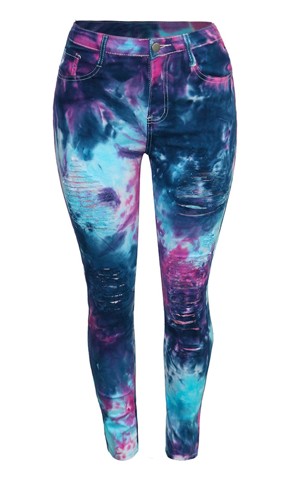 Adogirl Women's Sexy Tie Dye Ripped Jeans - Mid Waist Destroyed Skinny Denim Pants for Casual Outfits, Night Out & Streetwear Fashion