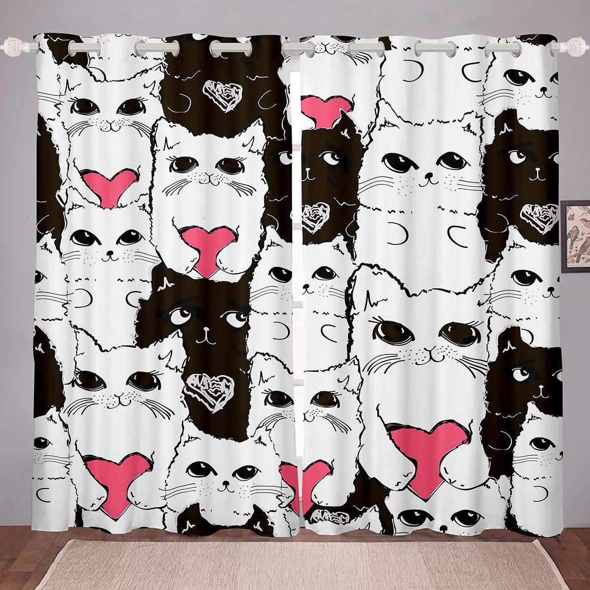 Black Cat Couple Theme Cartoon Window Curtains - 84x84 Inch Pet Animal Drapes for Kids Bedroom, Dorm & Kitchen Decor - Fun White Cat Design for Girls & Boys (Perfect for Nursery, Playroom & Pet-Friendly Spaces)