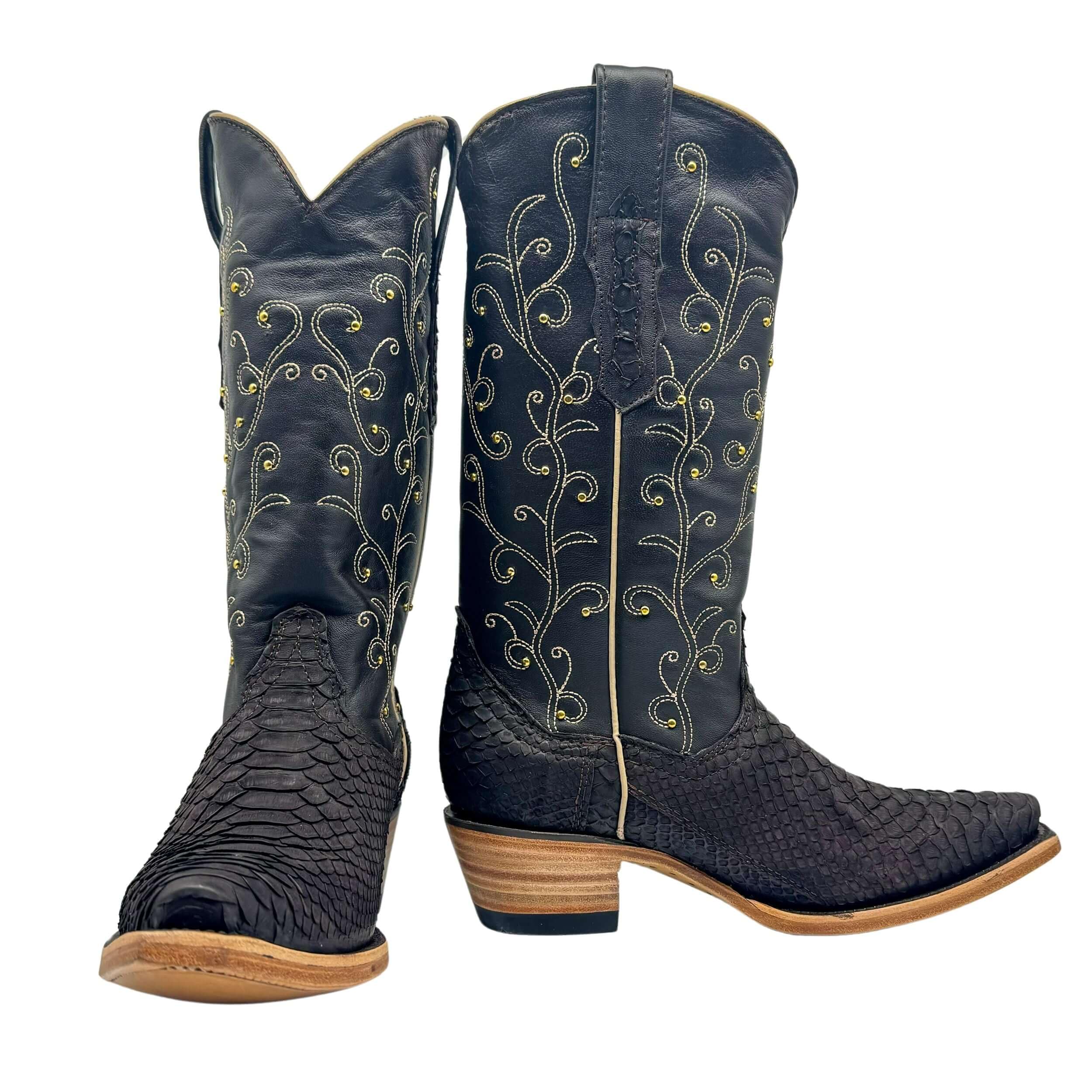 Vaccari Women's Piper Genuine Matte Chocolate Python & Studs Snip Toe Cowgirl Western Boots - Stylish & Comfortable for Country Dancing, Rodeo Events & Western Fashion