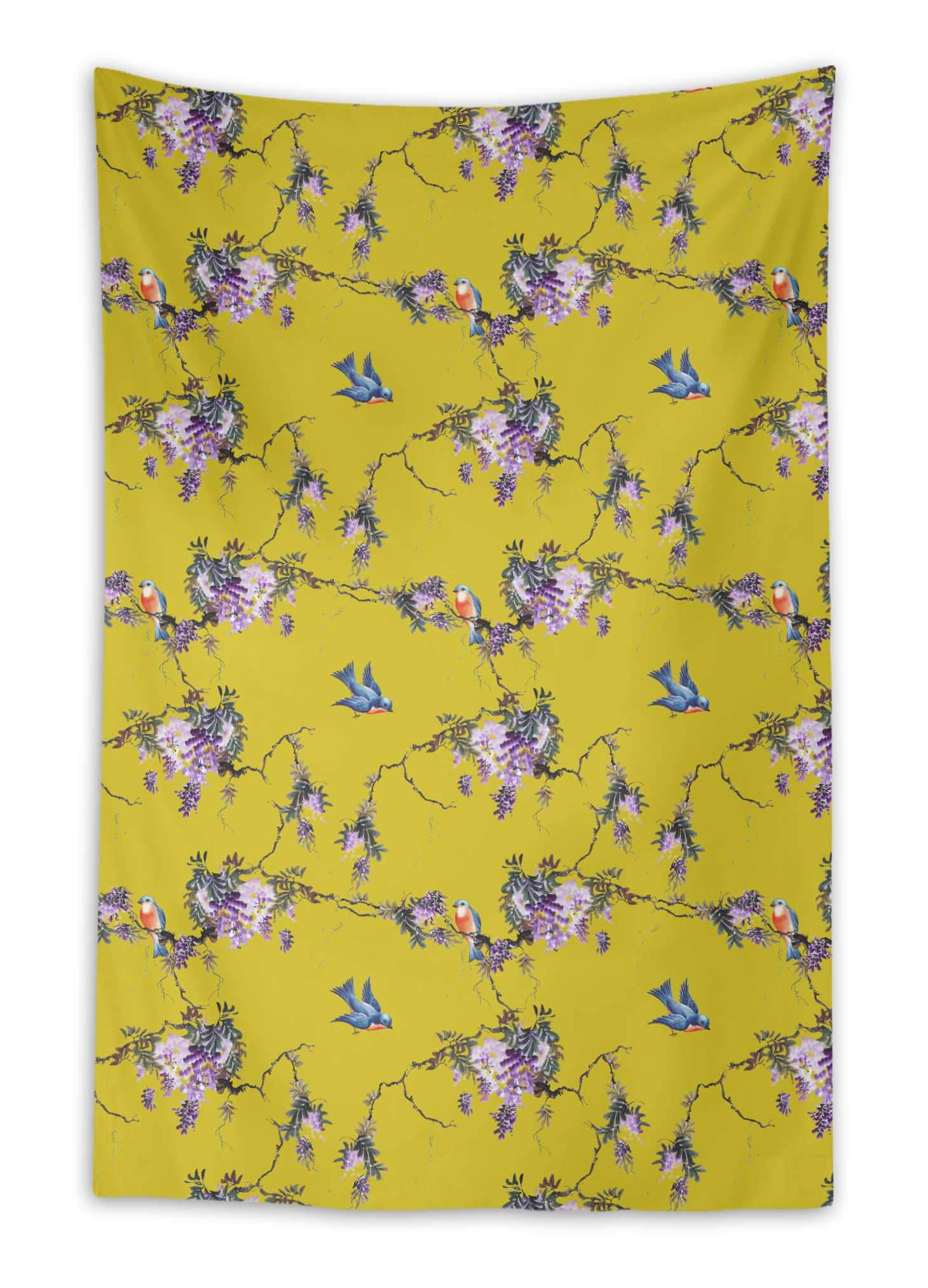 Vibrant Yellow Ceanothus & Flowerpecker Bird Printed Wall Tapestry - 58x92 Inch Bohemian Dorm Decor, Beach Throw Blanket for Bedroom, Living Room, or Outdoor Picnic