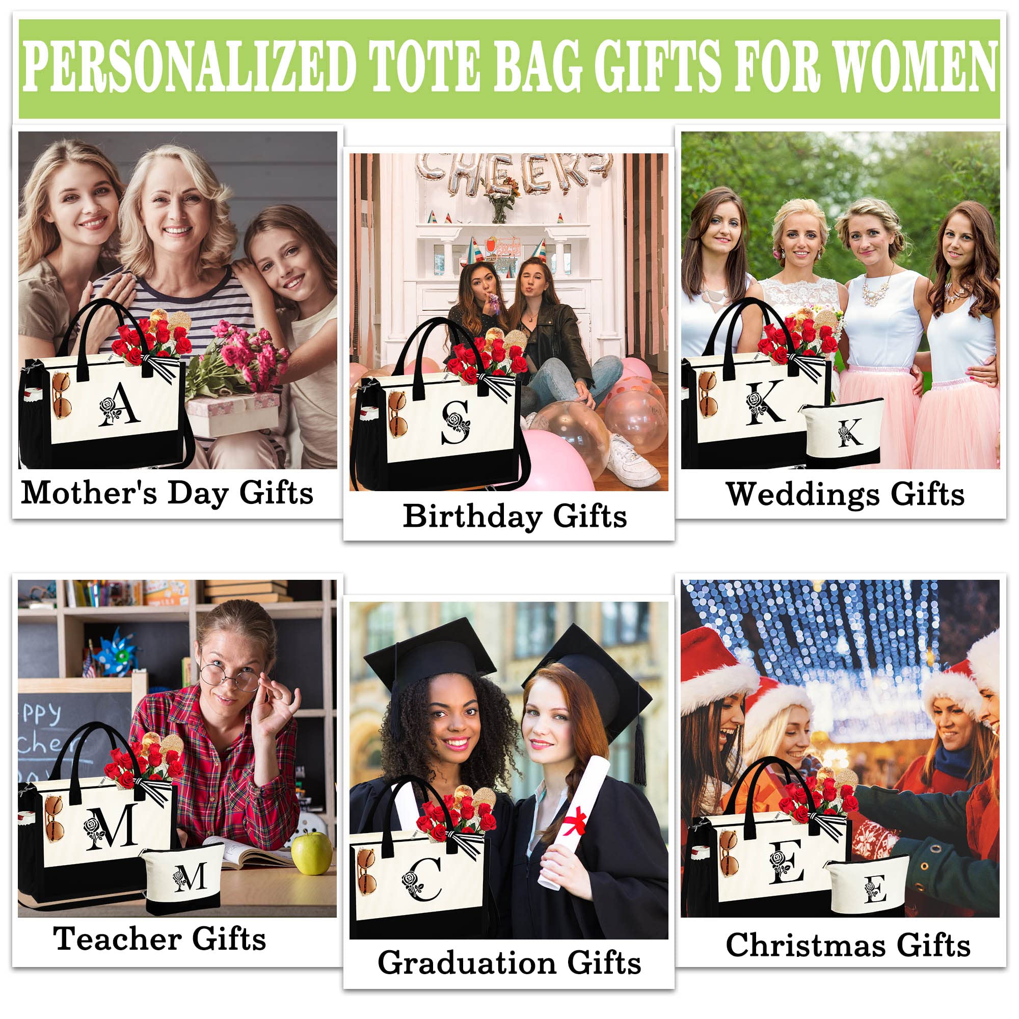 Personalized Initial Canvas Tote Bag & Makeup Pouch Set - Monogrammed Gift for Women, Wife, Mom, Teacher, Sister | Birthday, Mother's Day, Christmas Present | Perfect for Work, Travel, Shopping & Daily Use