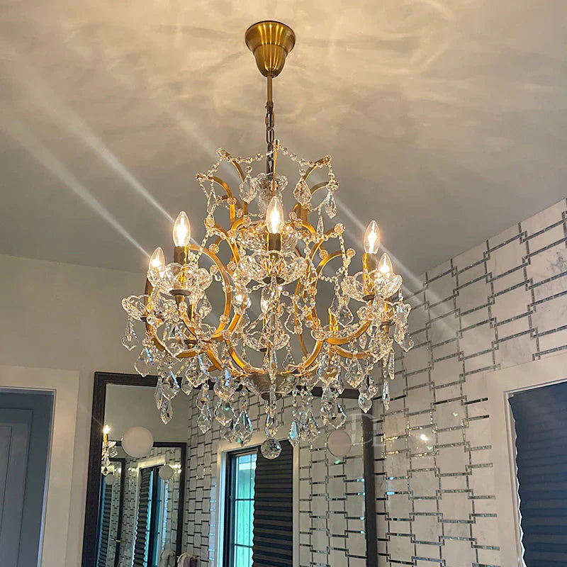 19th Century Rococo Style Iron & Crystal Round Chandelier - 18 Inch Antique Lighting Fixture for Dining Room, Foyer, or Luxury Home Decor