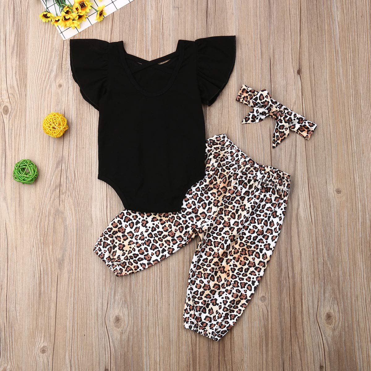 3PCS Newborn Baby Girl Clothes Set - Fly-Sleeve Tops & Leopard Print Long Pants Outfit Sunsuit for Summer, Photoshoot, and Daily Wear
