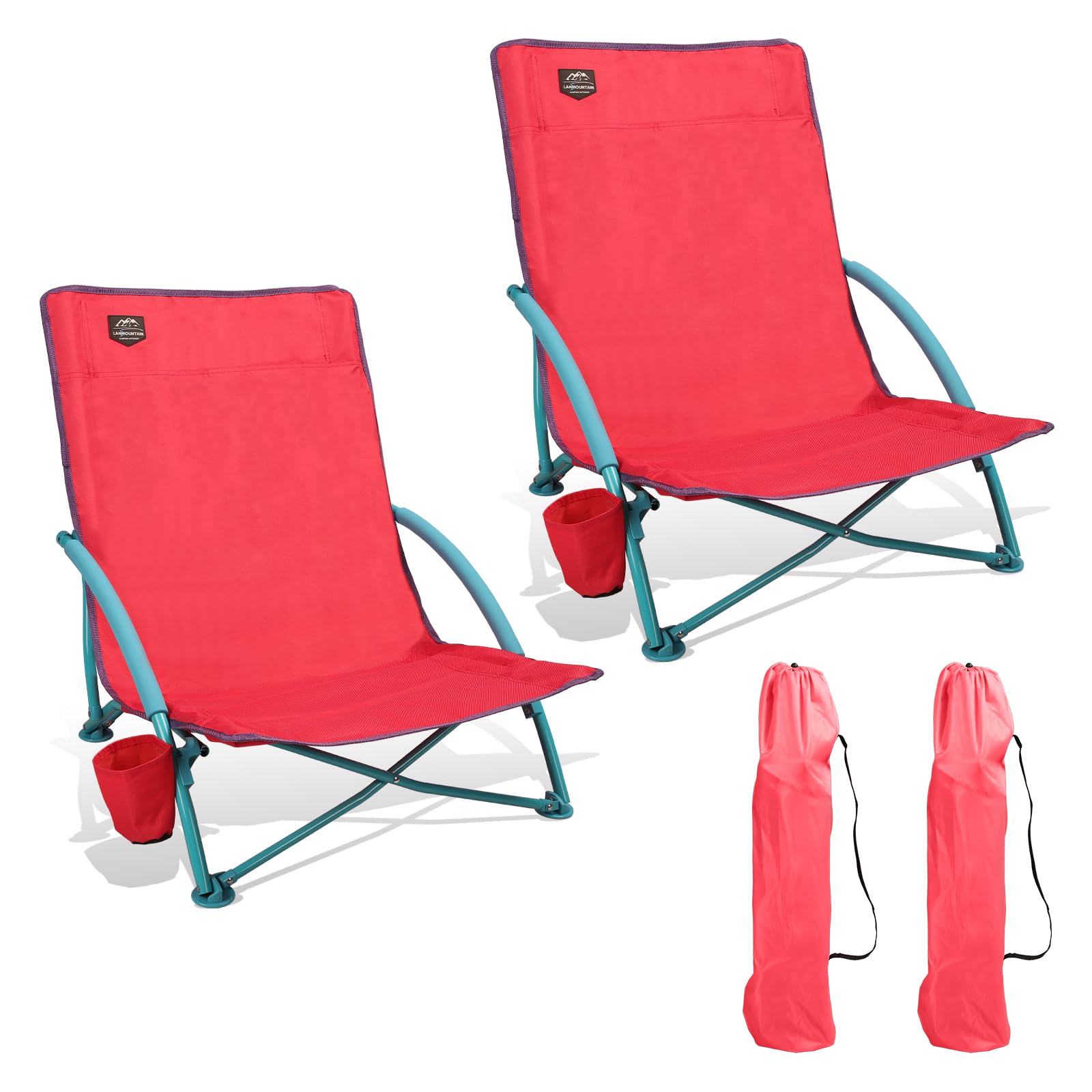 2 Pack Lightweight Folding Low Beach Chairs for Adults - Portable Recliner Camping Chairs with Cup Holder & Carry Bag - Perfect for Outdoor, Beach, Picnic, Festival, and Backyard Relaxation (Pink)