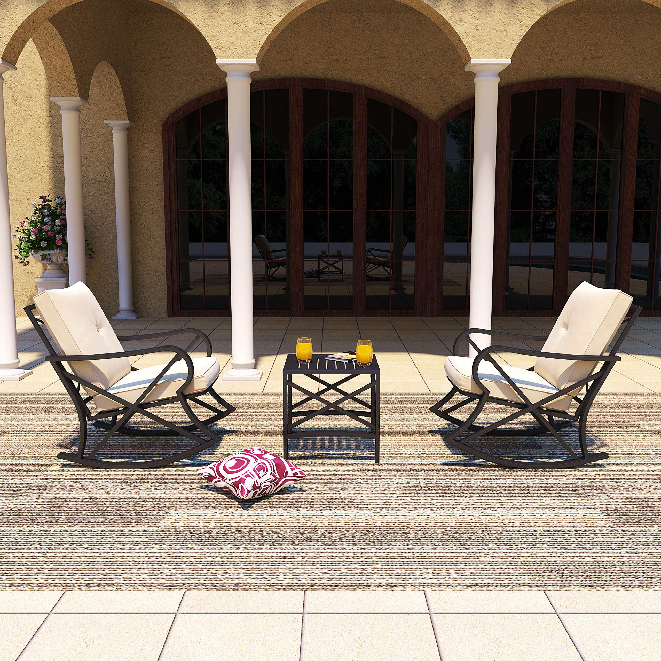 Modern Outdoor Bistro Set with Rocking Chairs & Coffee Table - 3-Piece Metal Patio Furniture Conversation Set with Thick Cushions for Backyard, Lawn, Porch, Poolside - Perfect for Relaxing, Entertaining & Enjoying Summer Days (Khaki)