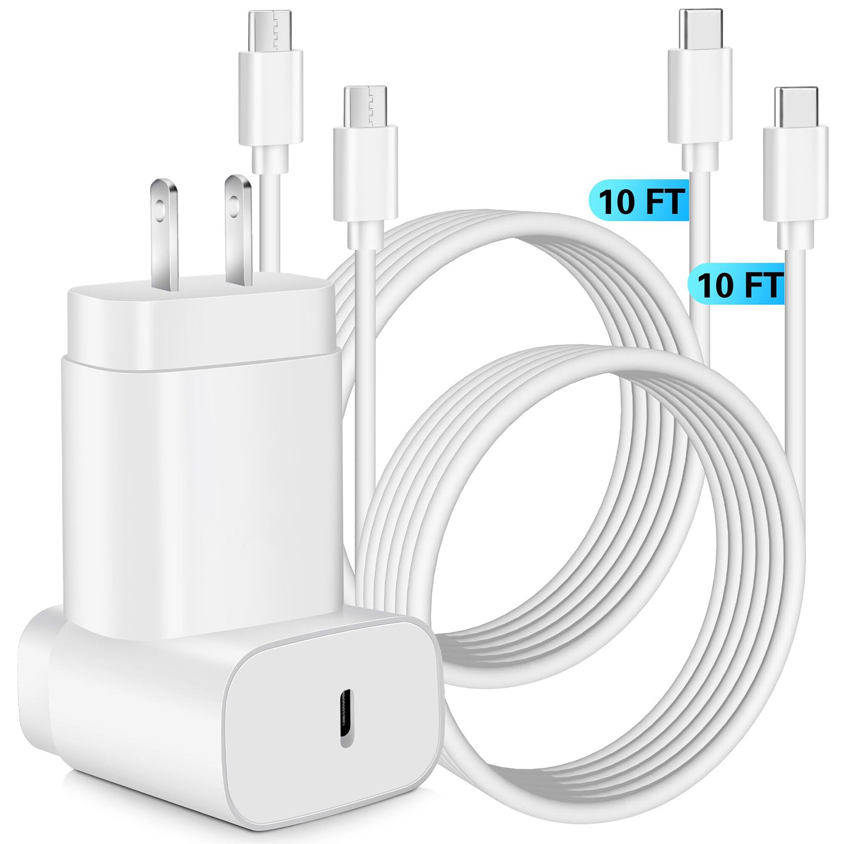Samsung 25W Super Fast Charger 2-Pack with 10FT USB-C Cable - Quick Charge 3.0 Compatible with Galaxy S25 Ultra/S24/S23/S22/S21/S20/A14/A54/Z Fold 6/5/Z Flip 6/5 - Perfect for Home, Office & Travel Charging Needs