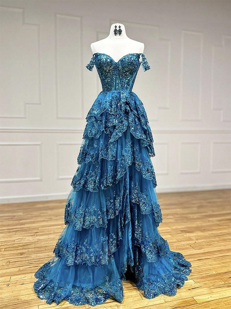 Elegant A-Line Tulle Sequin Blue Long Prom Dress for Women - Sparkling Formal Gown for Homecoming, Evening Parties & Special Occasions