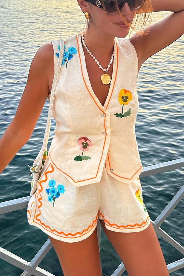 Stylish Summer Flower Printed Linen Blend Vest & Elastic Waist Shorts Set with Pockets - Casual Outfit for Beach Vacation, Picnic, and Summer Fashion