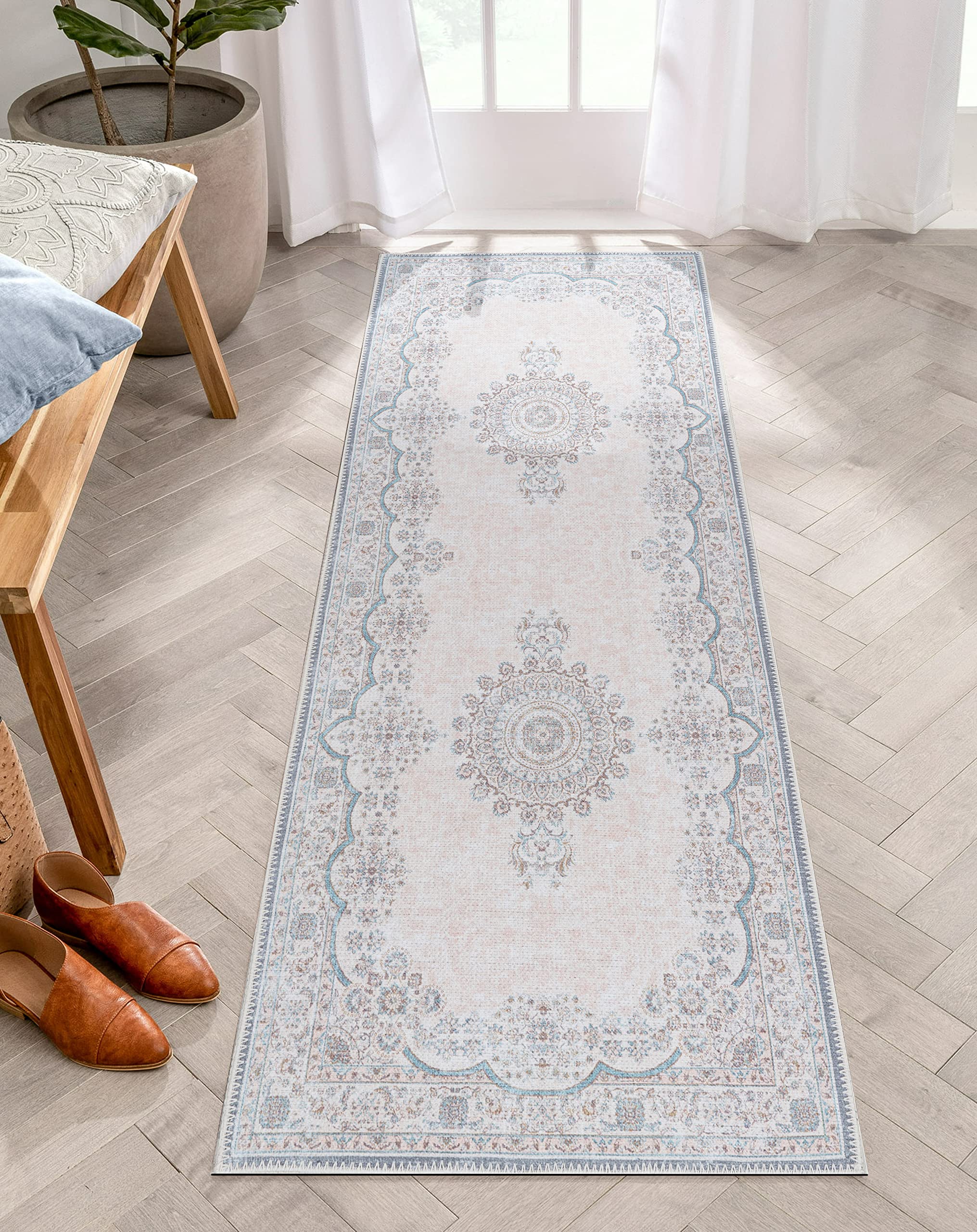 Machine Washable Area Rug - Adiva Rugs Vintage Persian Print Carpet for Living Room, Bedroom, Bathroom & Kitchen - Cream Home Decor Floor Mat (2'6