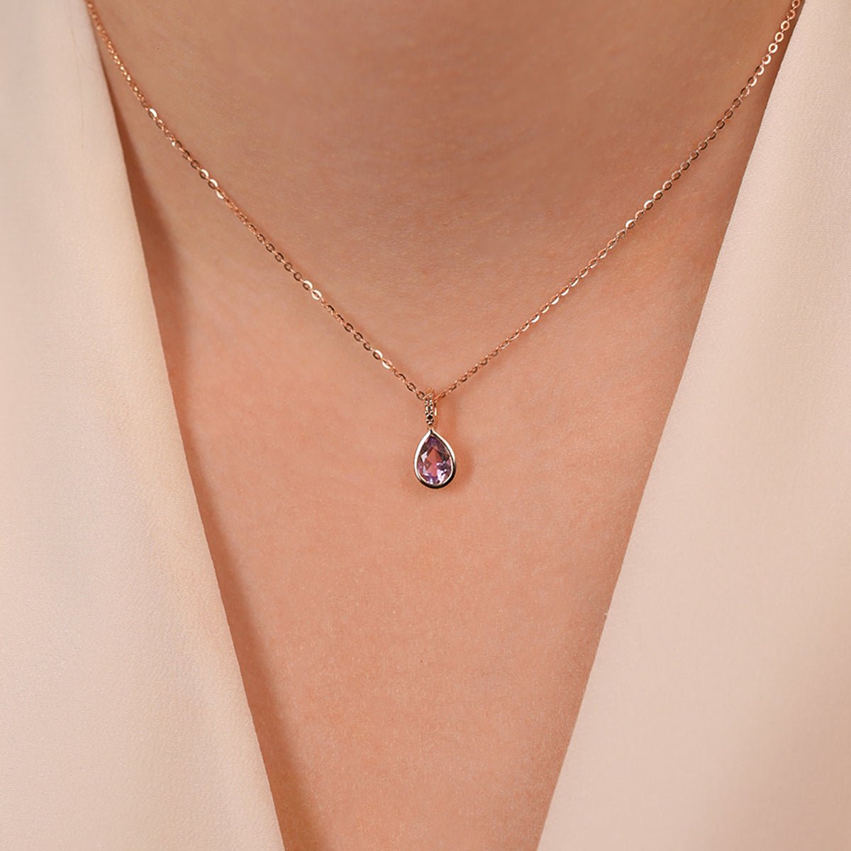 14K Rose Gold Amethyst Teardrop Pendant Necklace for Women | Elegant Purple Gemstone Jewelry Gift for Birthday, Anniversary & Valentine's Day | Perfect for Evening Wear, Date Night & Special Occasions