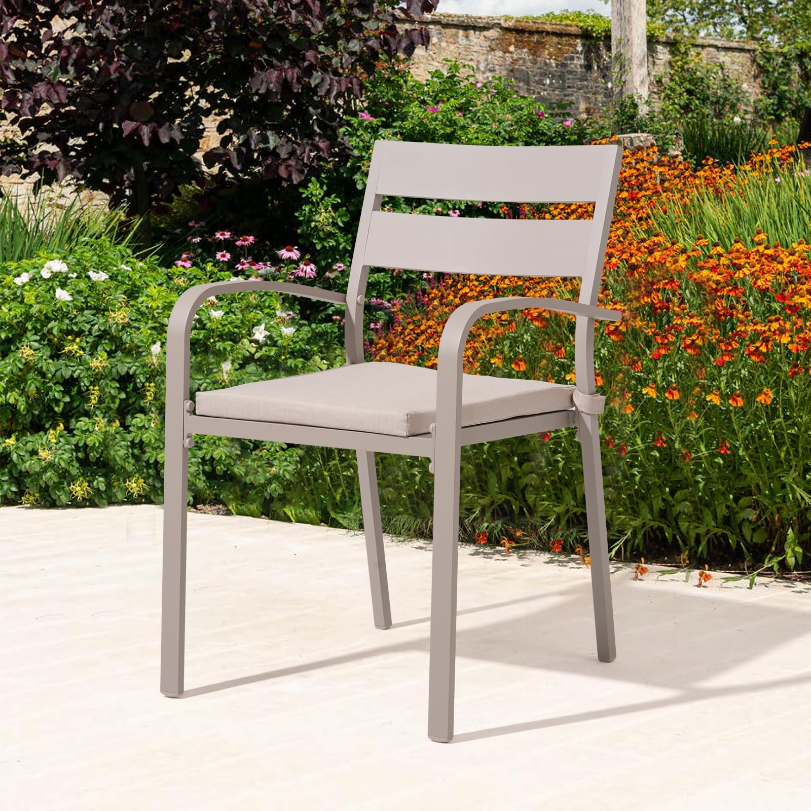 Outdoor Aluminum 4-Piece Patio Dining Chairs Set with Cushions - Stackable Bistro Chairs for Balcony, Garden, Backyard - Flaxen Finish & Beige Cushion - Perfect for Outdoor Dining, Entertaining, and Relaxing