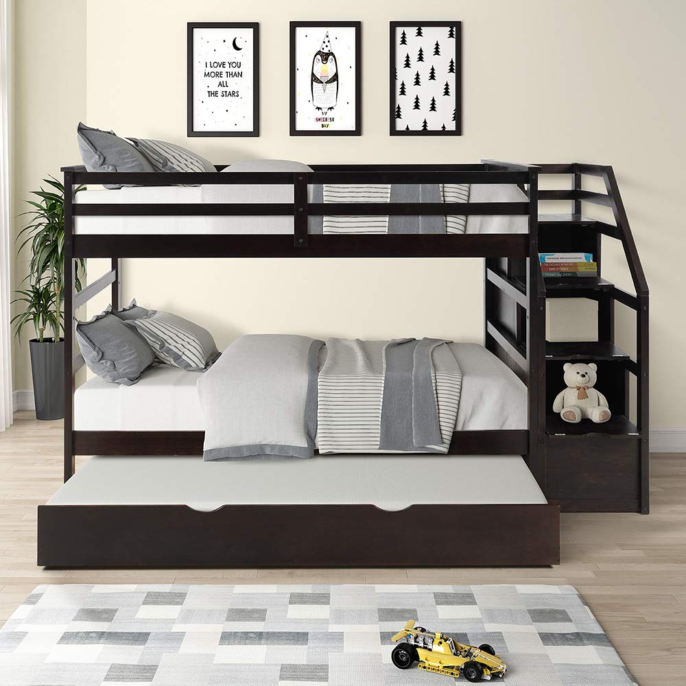 Premium Twin Over Twin Bunk Bed Frame with Trundle & Storage Stairs - Solid Wood Construction, Slat Support & Safety Guard Rail - No Box Spring Needed - Easy Assembly - Espresso Finish - Perfect for Kids' Bedrooms, Guest Rooms & Space-Saving Solutions