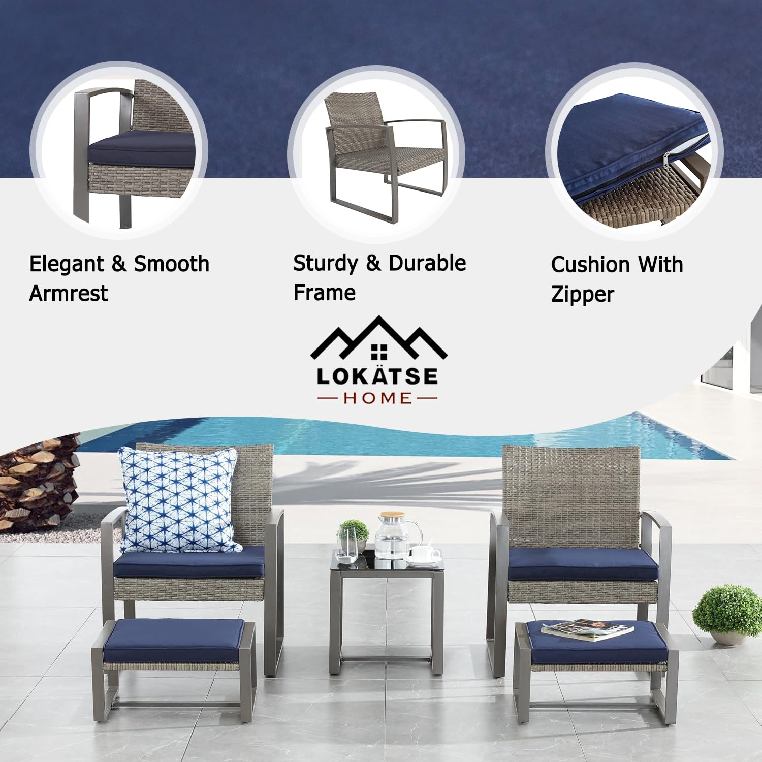 LOKATSE HOME 5-Piece Outdoor Patio Conversation Set - PE Wicker Rattan Sofa with Cushioned Chairs, Ottomans & Tempered Glass Coffee Table - Perfect for Backyard, Garden, Porch, Poolside & Outdoor Entertaining