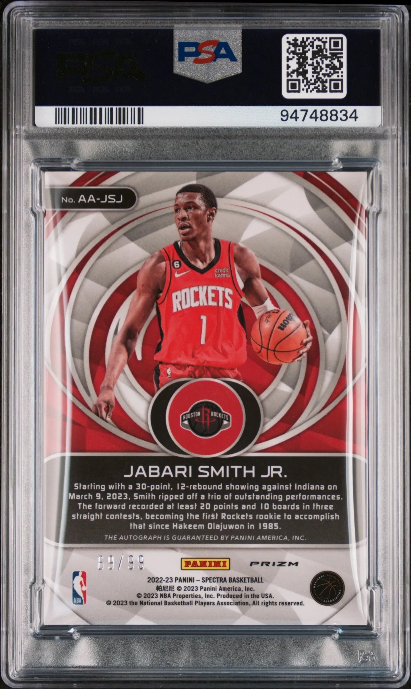 2022 Panini Spectra Basketball Jabari Smith Jr Rookie Card PSA 10 Auto 69/99 - Collectible Sports Memorabilia for NBA Fans & Card Investors