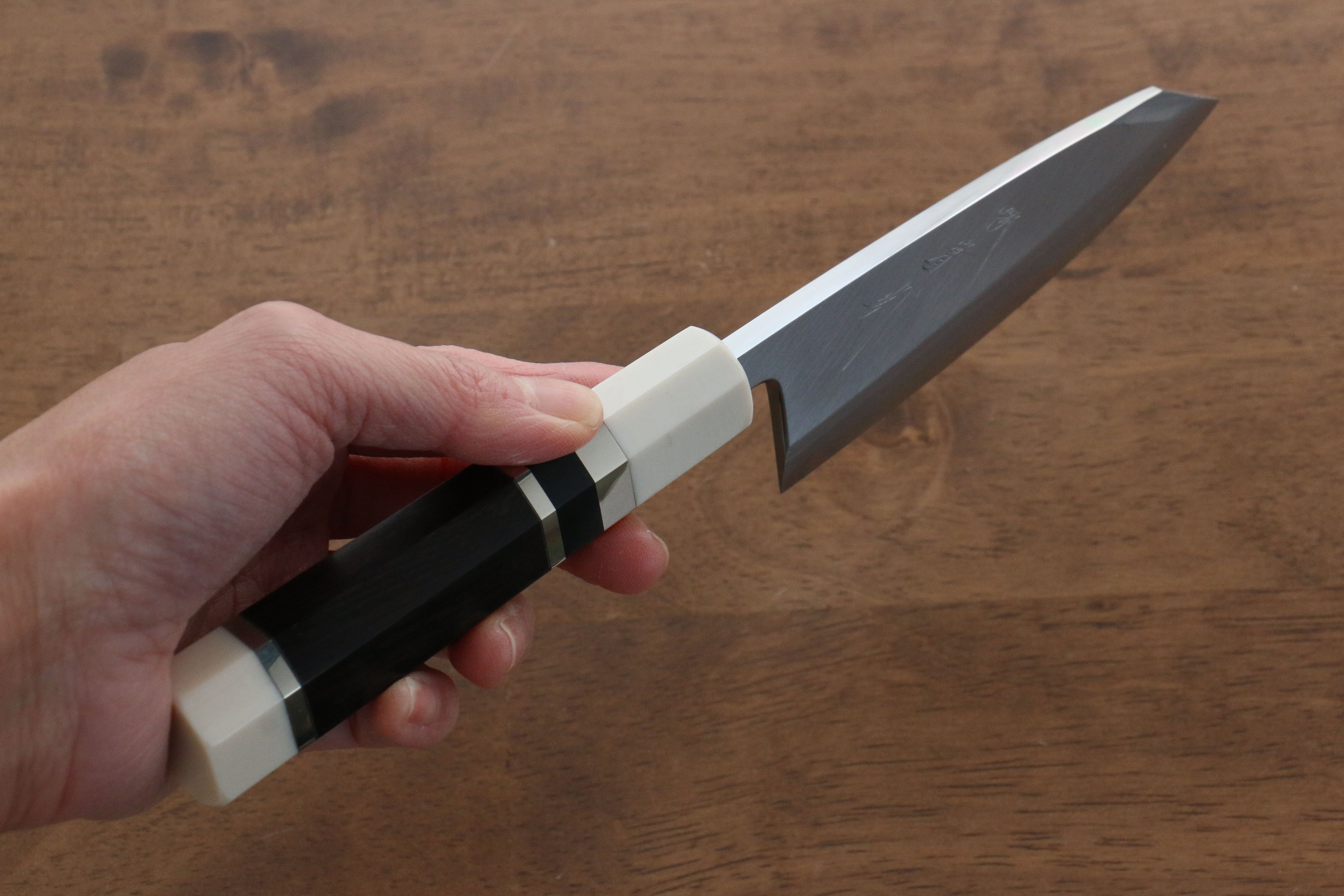 Jikko Shiko Blue Steel Kiritsuke Deba Knife 120mm - Ebony Wood Handle with Double Ring - Professional Japanese Kitchen Knife for Sushi, Fish & Meat Cutting