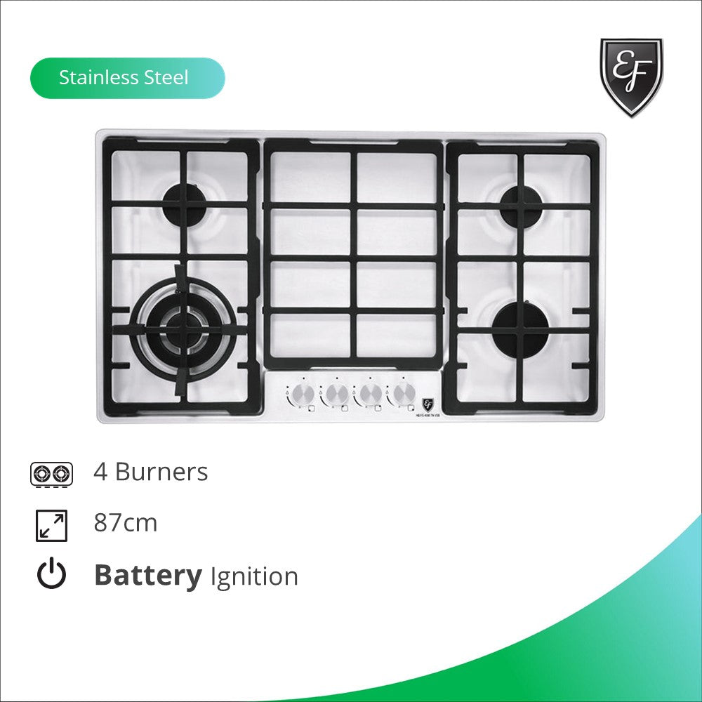 HB FG 4090 TN VSB 4-Burner Gas Cooktop - High Efficiency Stainless Steel Gas Hob for Kitchen, Perfect for Home Cooking & Professional Chefs