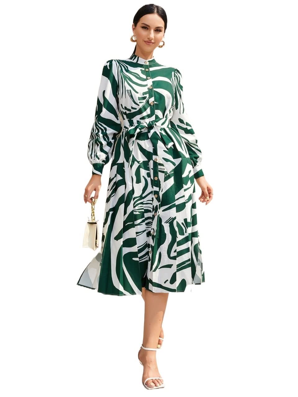 2023 Women's Summer Dresses - Floral Print Bishop Sleeve Pleated Hem Belted Midi Dress | Beach Vacation, Garden Party & Casual Outfit