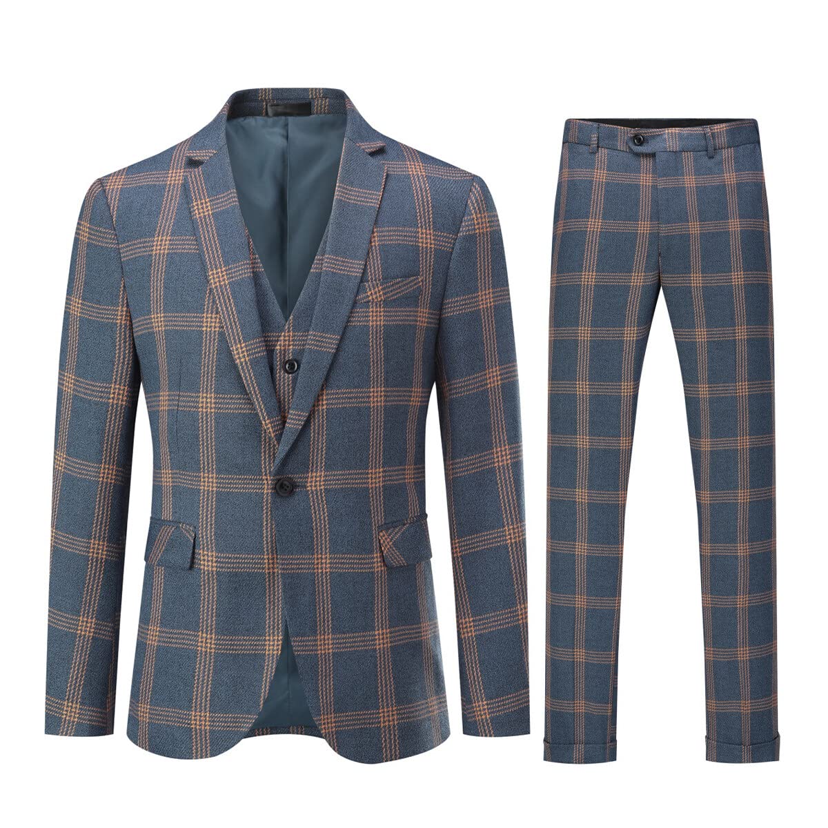 YFFUSHI Men's Slim Fit Plaid Tweed 3-Piece Suit Set - Formal Tuxedo for Weddings, Dinner Parties & Business Events