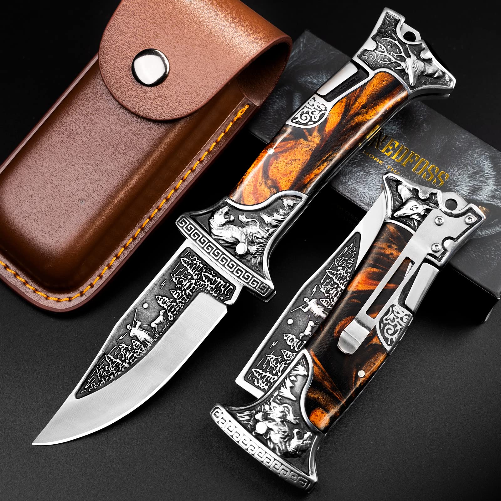 Premium NedFoss TIGER ROAR Folding Pocket Knife - 3.5 Inch Engraved Blade with Leather Holster - Unique Personalized Gift for Men & Women - Perfect for Camping, Hiking & Outdoor Adventures