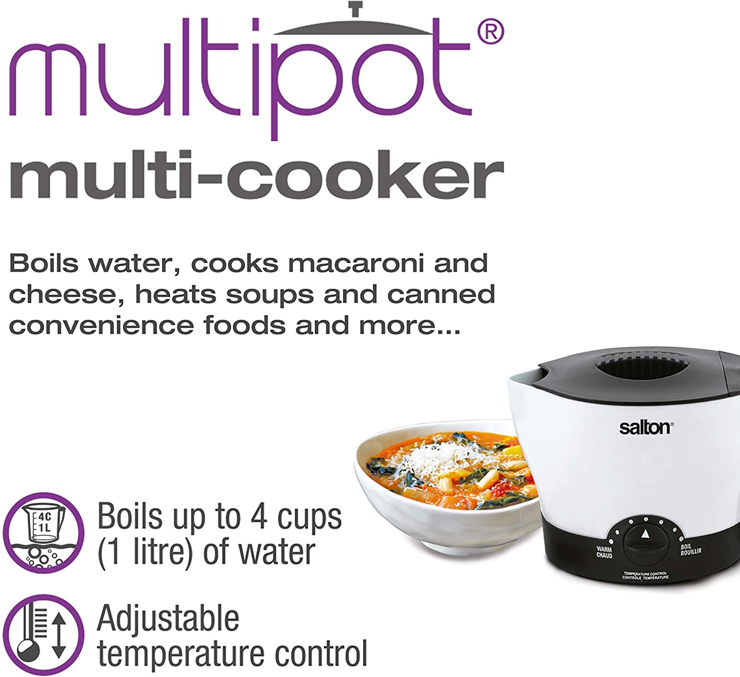 SALTON MP1206 Multi-Pot Electric Cooker - Fast & Even Cooking for Rice, Soup, Stew - Perfect for Home, Dorm, Office & Camping