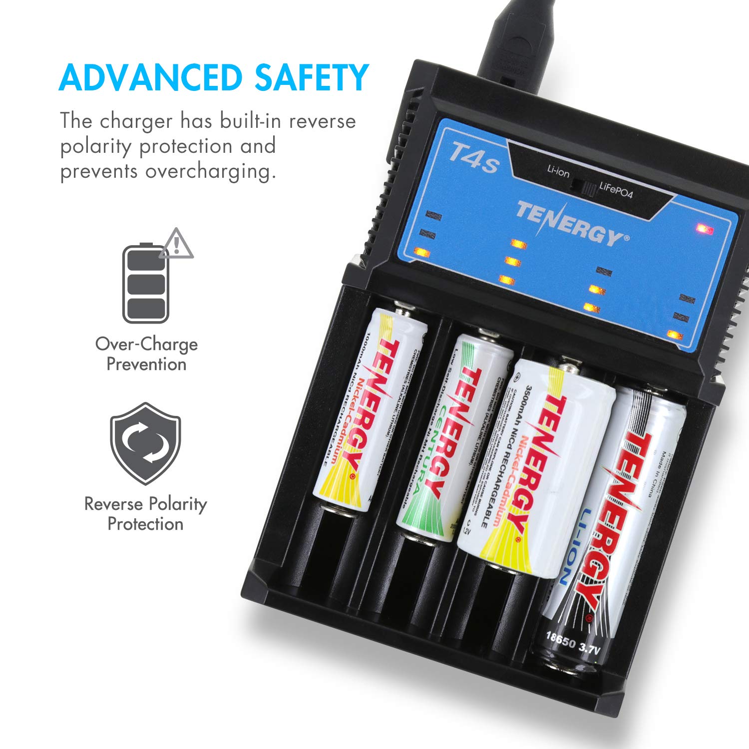 Tenergy T4s Smart Universal Battery Charger - 4 Slot Fast Charging for Li-ion, LiFePO4, NiMH & NiCd Rechargeable Batteries (18650, 14500, 26650, AA, AAA, C) with Car Adapter - Perfect for Home, Office & Travel Use
