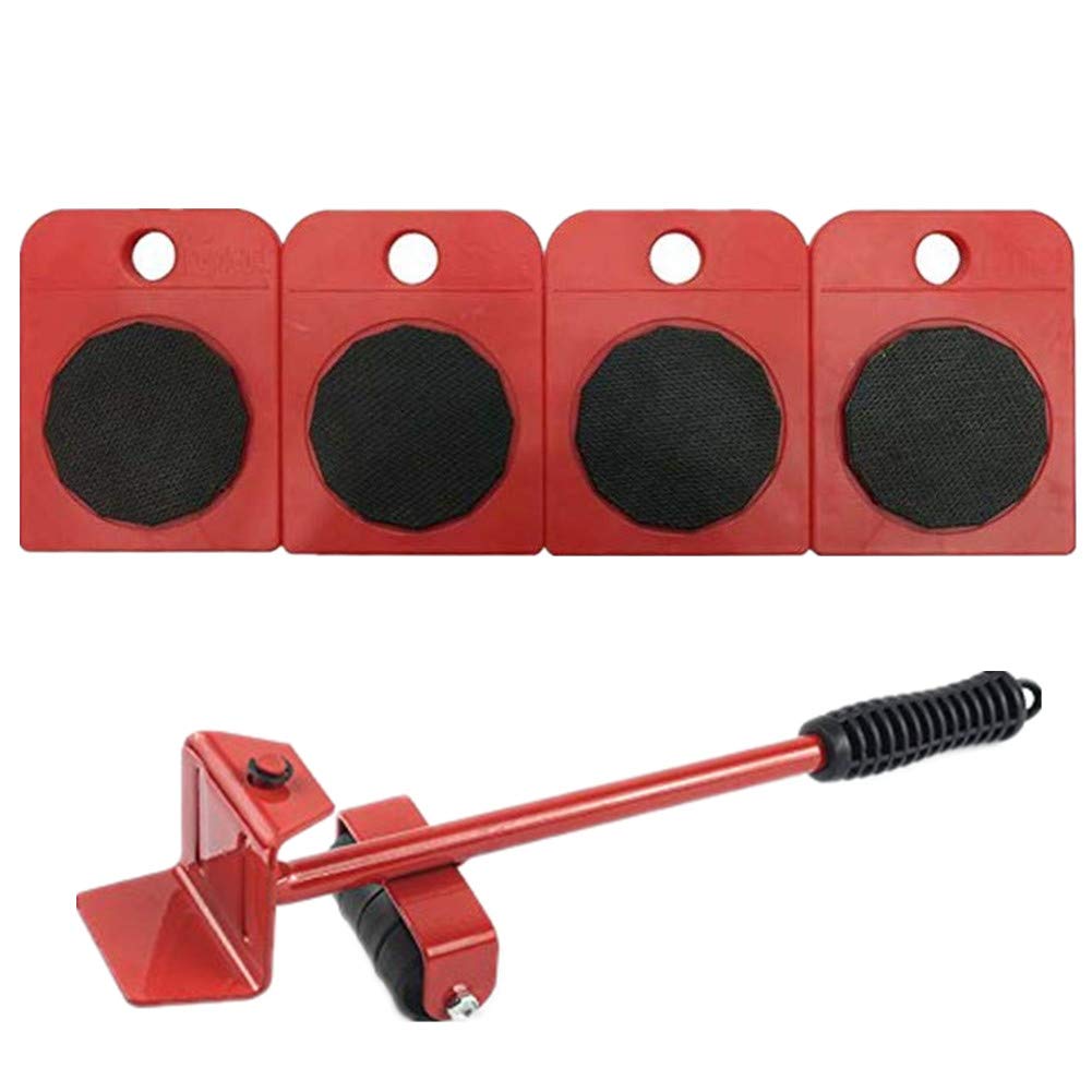 Heavy Duty Furniture Lifter Set - 1 Lifting Rod & 4 Moving Rollers for Appliances, Couches, Beds - Durable Home & Office Moving Tools (Red) - Perfect for Moving Heavy Furniture on Hardwood & Carpet Floors