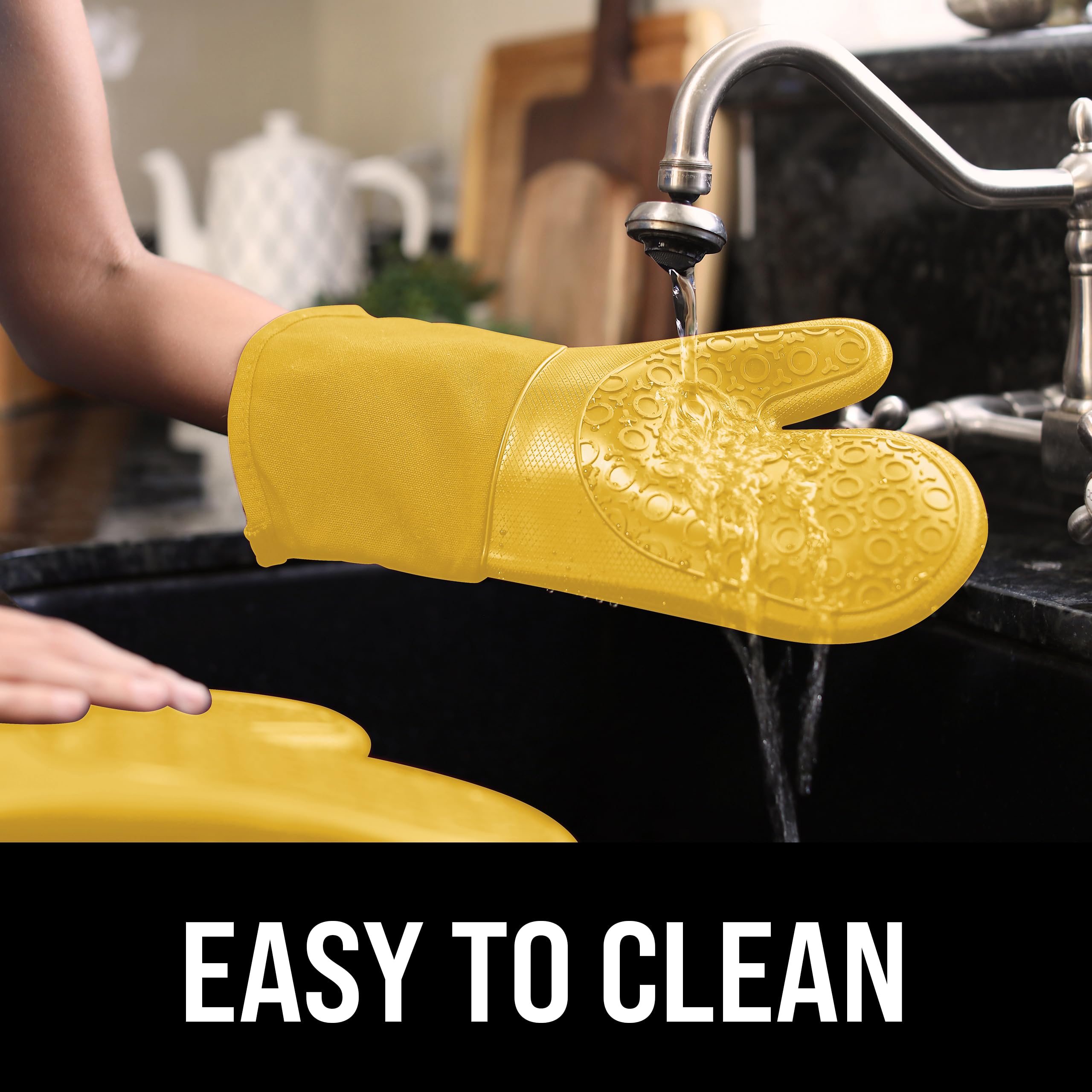 BPA-Free Soft Silicone Oven Mitts - Heat Resistant Kitchen Gloves with Thick Cotton Liner, Non-Slip Pot Holders for Baking, Grilling & Cooking - Yellow 13.7
