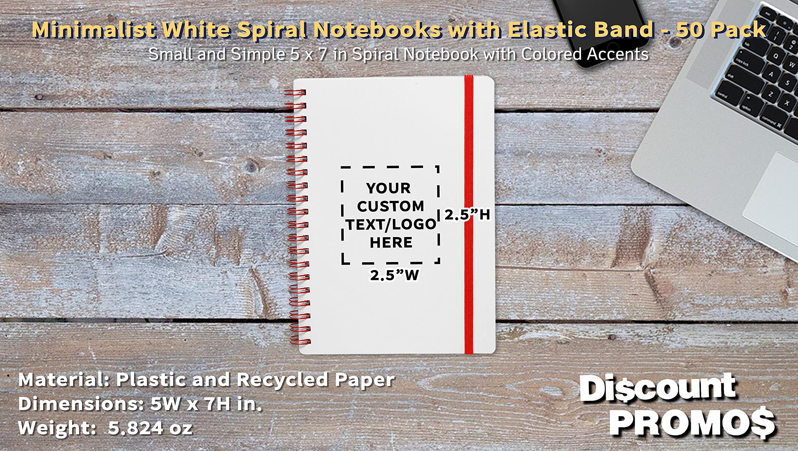 50-Pack White Spiral Notebooks with Elastic Closure | Customizable Cover Text & Logo | 80 Lined Pages | Eco-Friendly Recycled Paper | Perfect for Office, School & Gift Giving