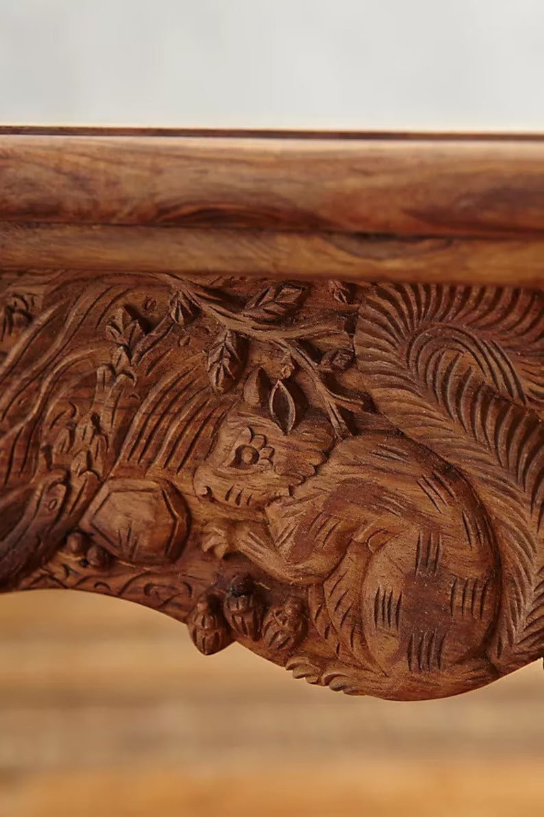 Hand Carved Brown Wooden Menagerie Dining Table Set - Rustic Farmhouse Style for Family Gatherings & Dinner Parties