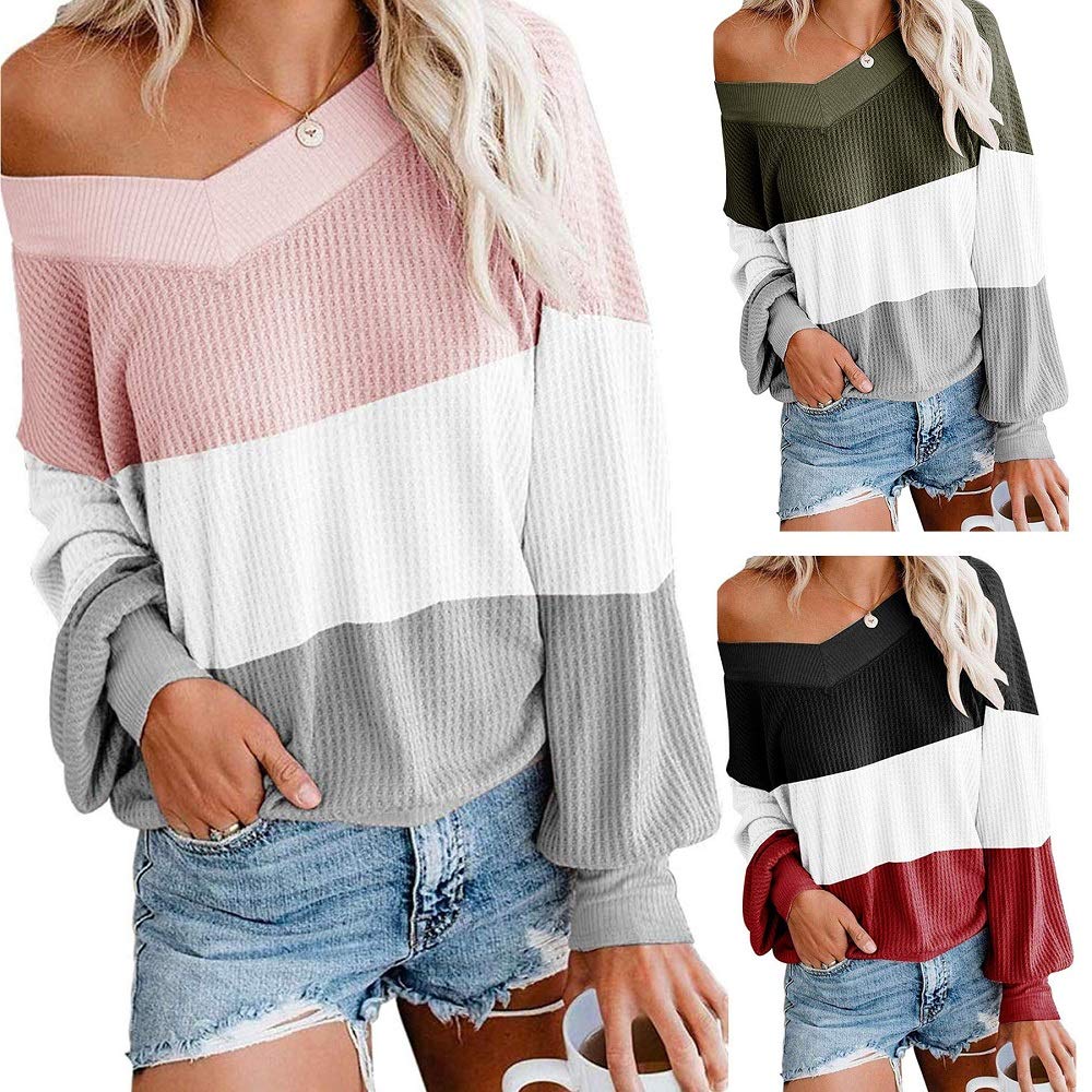 Dreamskull Women's V-Neck Batwing Long Sleeve Waffle Knit T-Shirt | Off Shoulder Casual Sweater Top | Perfect for Fall Layering, Date Nights & Cozy Outfits