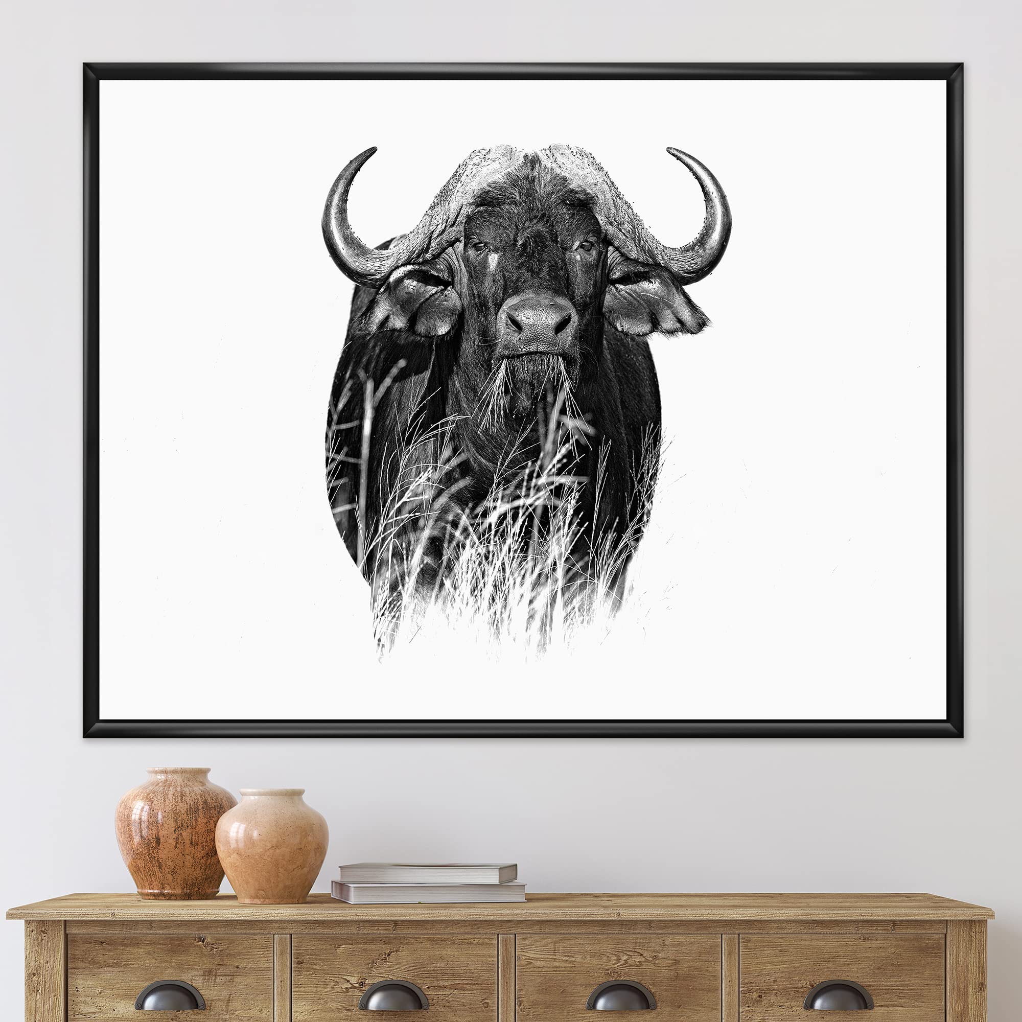 DesignQ Monochrome Buffalo Portrait IV - Farmhouse Framed Canvas Wall Art Print for Living Room, Bedroom & Office Decor