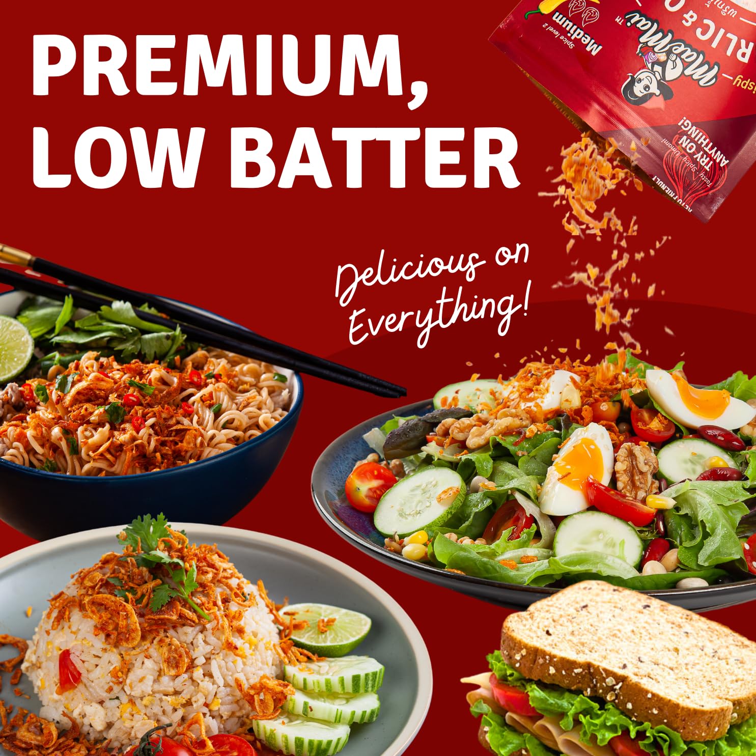 MaeMai Medium Spicy Crispy Onions & Garlic Flakes - Crunchy All-Purpose Seasoning for Keto, Salads, Ramen, Rice | Vegan, Gluten-Free, Low Carb Topping | Perfect for Stir-Fry, Pasta & Snacks | 2.65oz (75g)