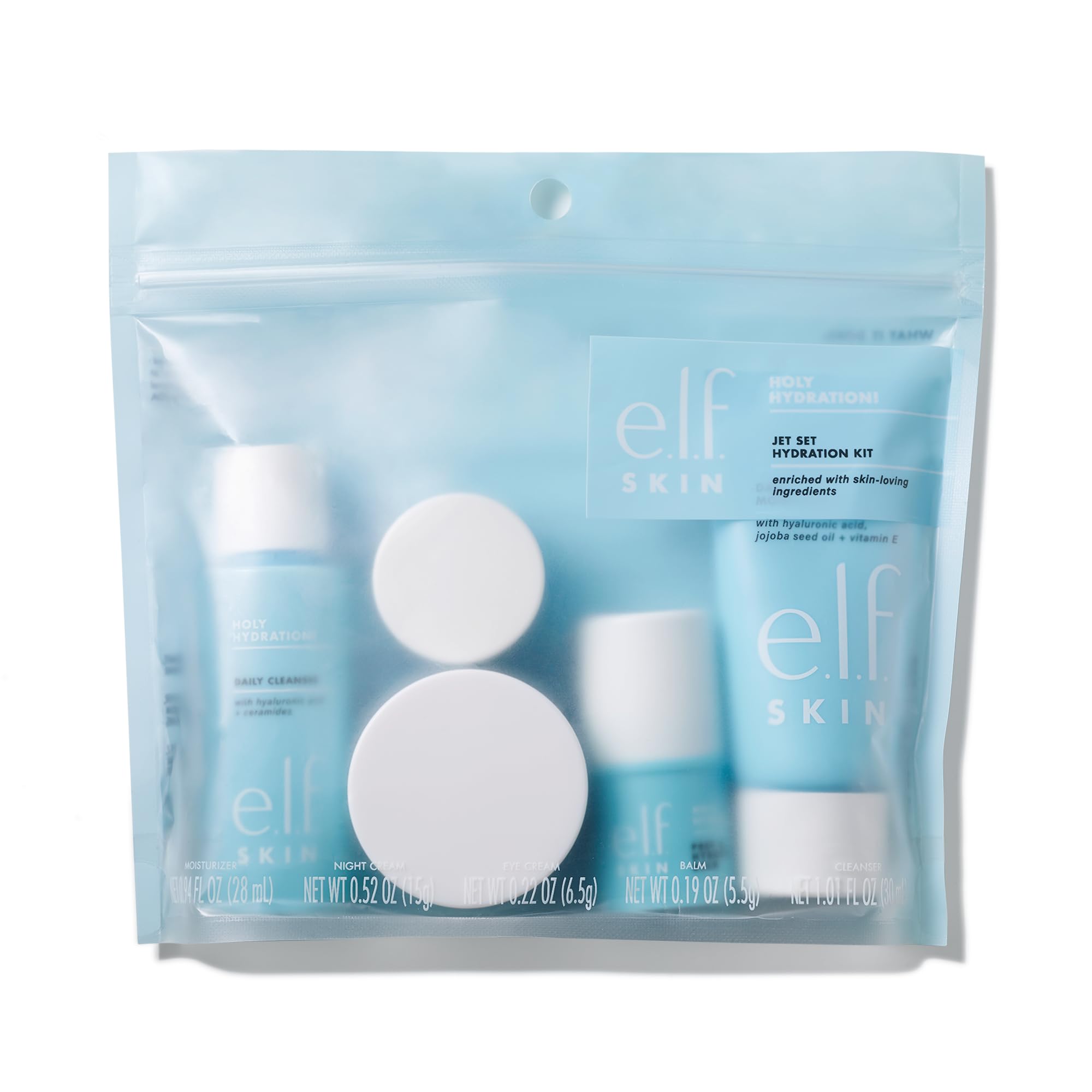 e.l.f. SKIN Holy Hydration! Jet Set Hydration Kit - Travel Friendly Hydrating Skincare Set with Face Cleanser, Balm, Moisturizer, Eye Cream & Night Cream | Vegan & Cruelty-Free | Perfect for On-The-Go Skincare & Airplane Travel Essentials