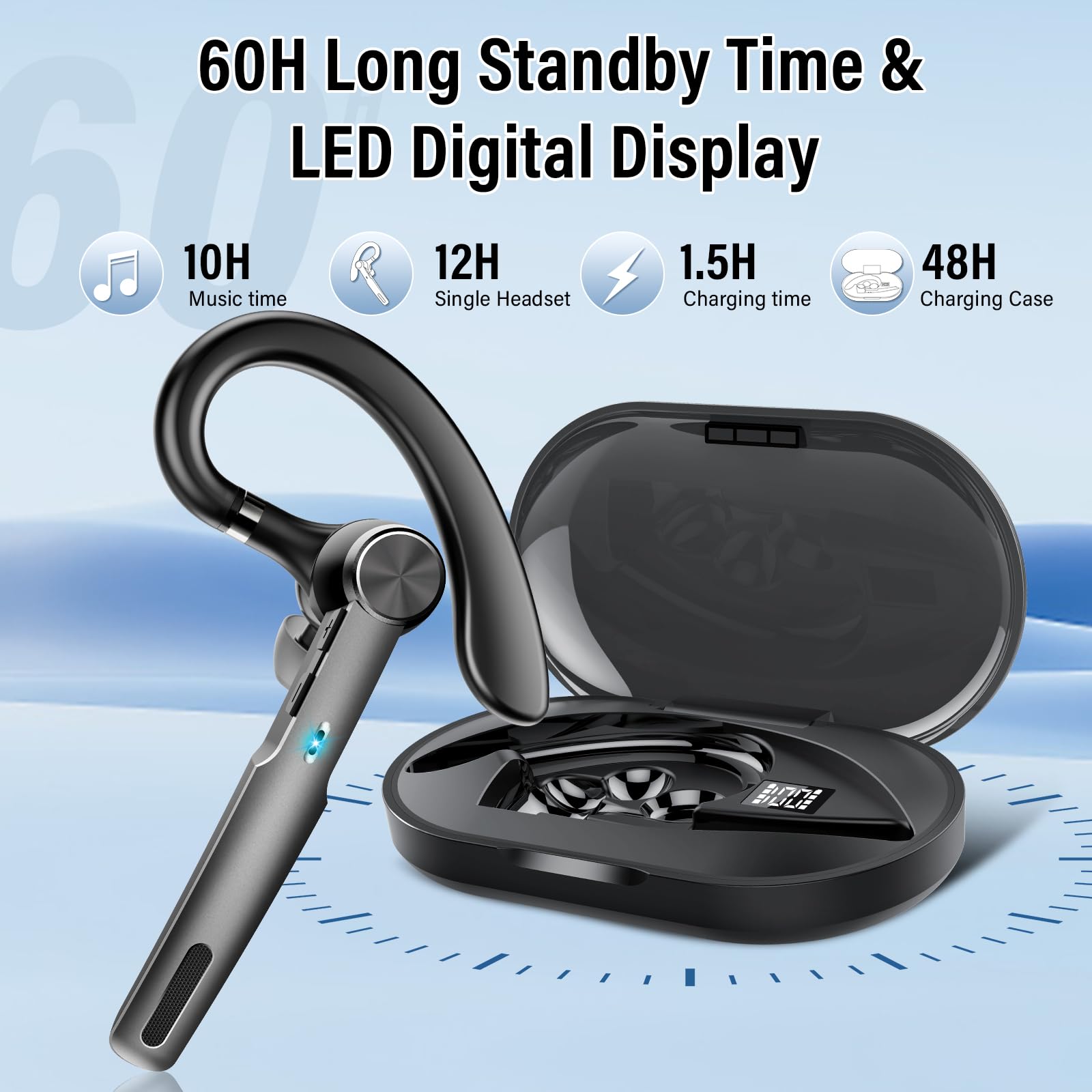 Wireless Bluetooth Headset with ENC Noise Cancelling Mic - 60H Talk Time, Single-Ear V5.3 Earpiece & 400mAh Charging Case - IP7 Waterproof Hands-Free Headphones for iPhone Android Phones (Black) - Perfect for Driving, Office Calls & Remote Work