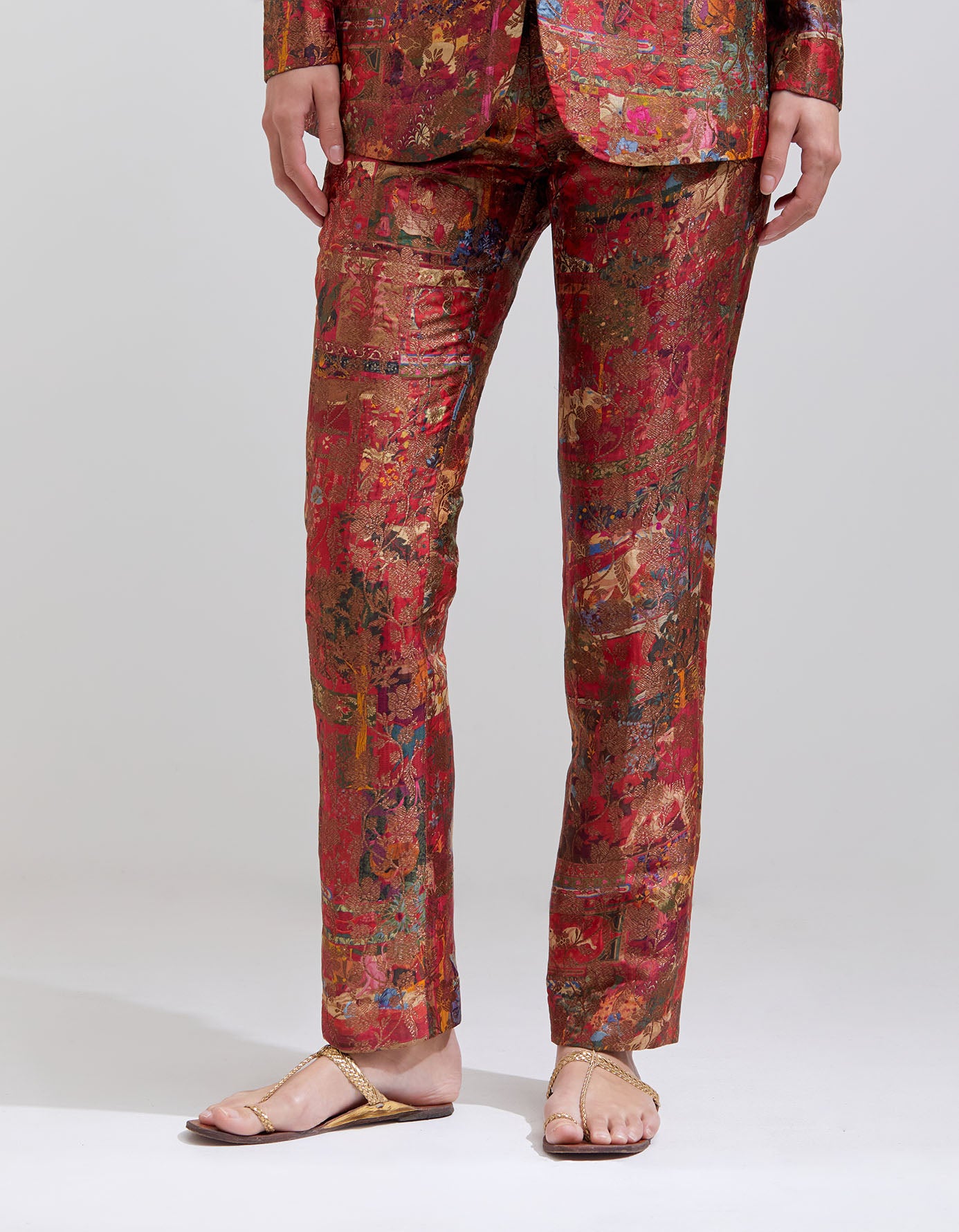 Elegant Boot Cut Trousers for Women - Premium Silk Brocade Fabric in Rich Crimson Red - Perfect for Office Wear, Evening Parties & Special Occasions