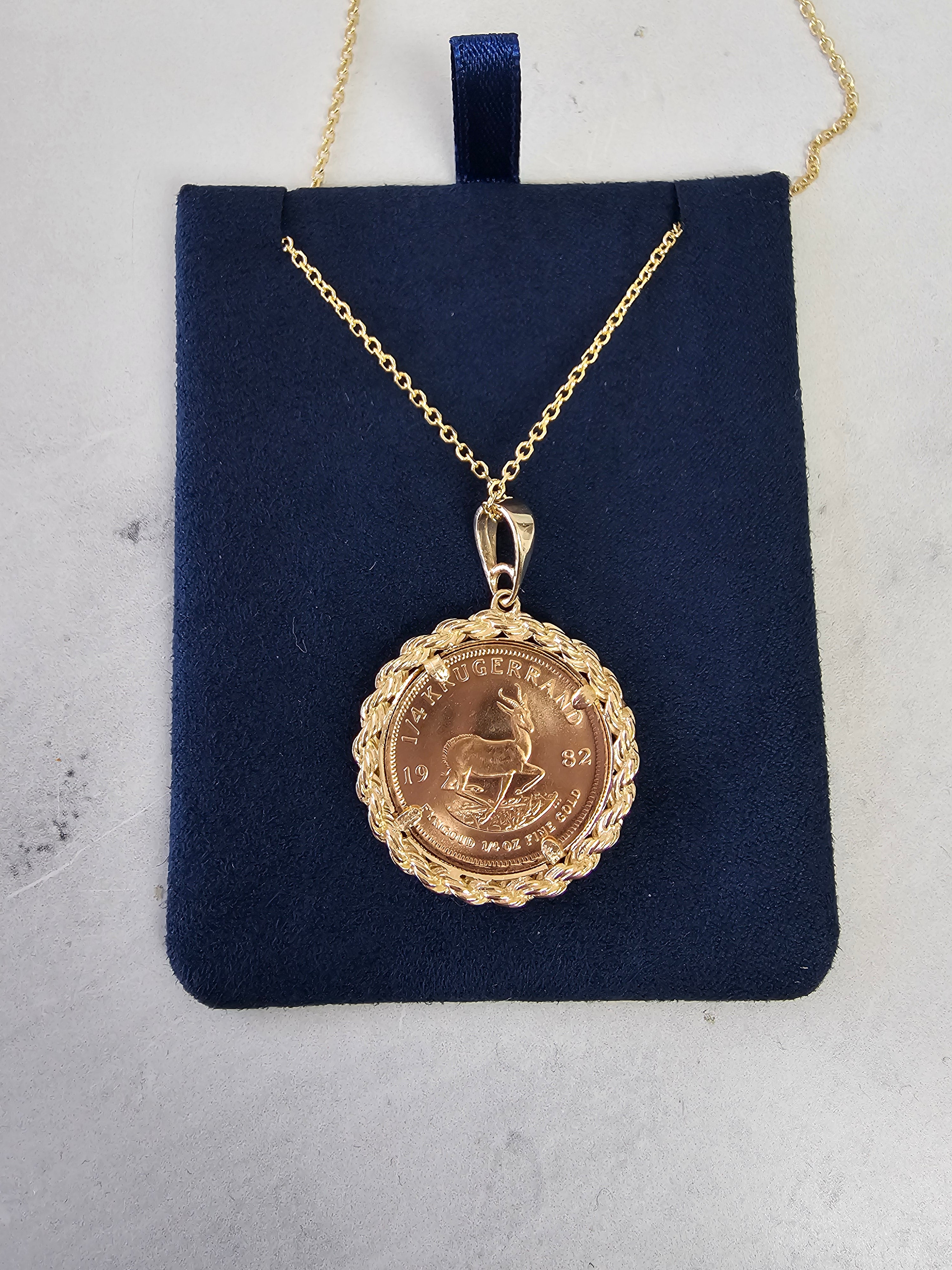 1/4 oz South African Krugerrand Coin Necklace with Rope Halo - Gold Bullion Jewelry for Men & Women, Perfect for Gifts, Investment & Fashion Accessories