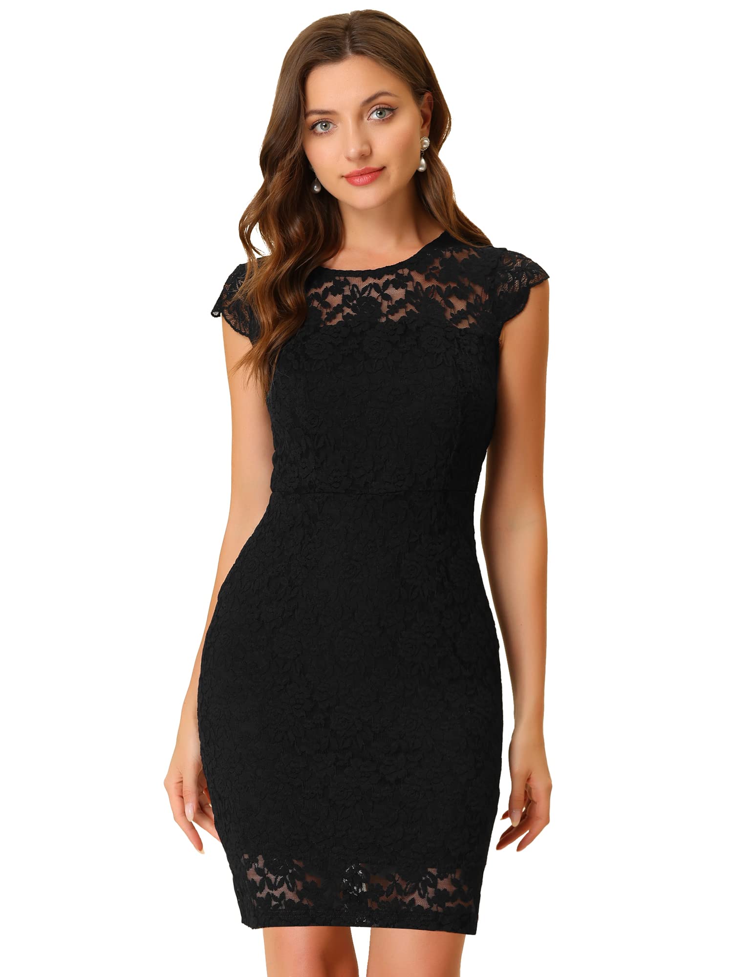 Allegra K Women's Floral Lace Cap Sleeve Bodycon Dress - Stretch Knit Formal Party Dress for Evening Events, Weddings & Special Occasions