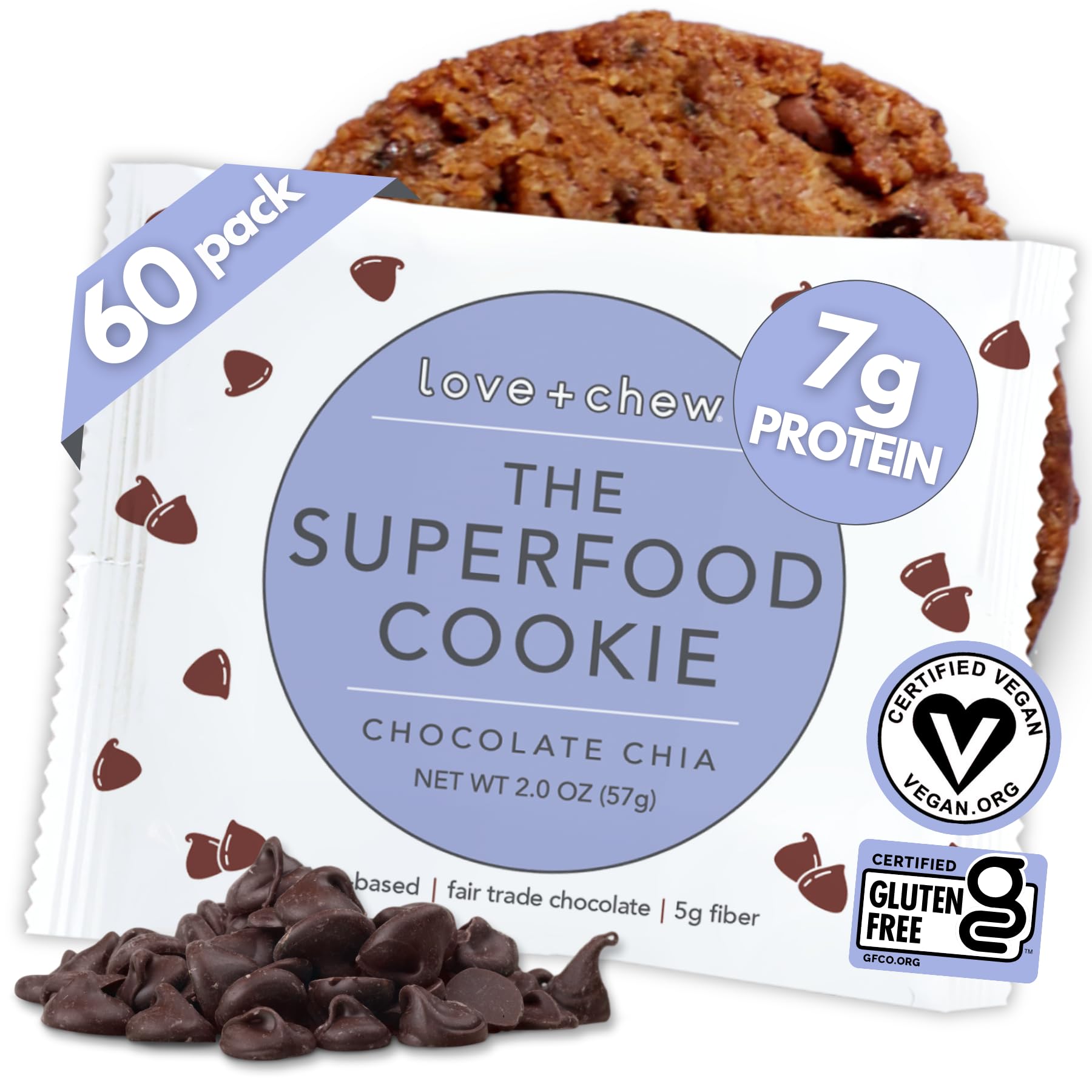 Love + Chew Gluten Free Vegan Cookies - Bulk 60 Count Box | Chocolate Chia Flavor | High Protein Almond Snacks | Paleo, Non-GMO, Individually Wrapped | Perfect for Healthy On-the-Go Snacking, Office Treats & School Lunches