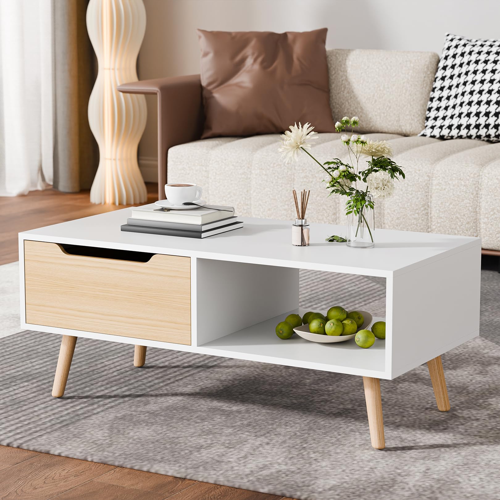 Modern Wooden Coffee Table with Storage - Minimalist Mid-Century Cocktail Table for Living Room, Apartment & Reception - Cozy Castle White Hallway Table - Perfect for Small Spaces, Home Decor & Entertaining Guests