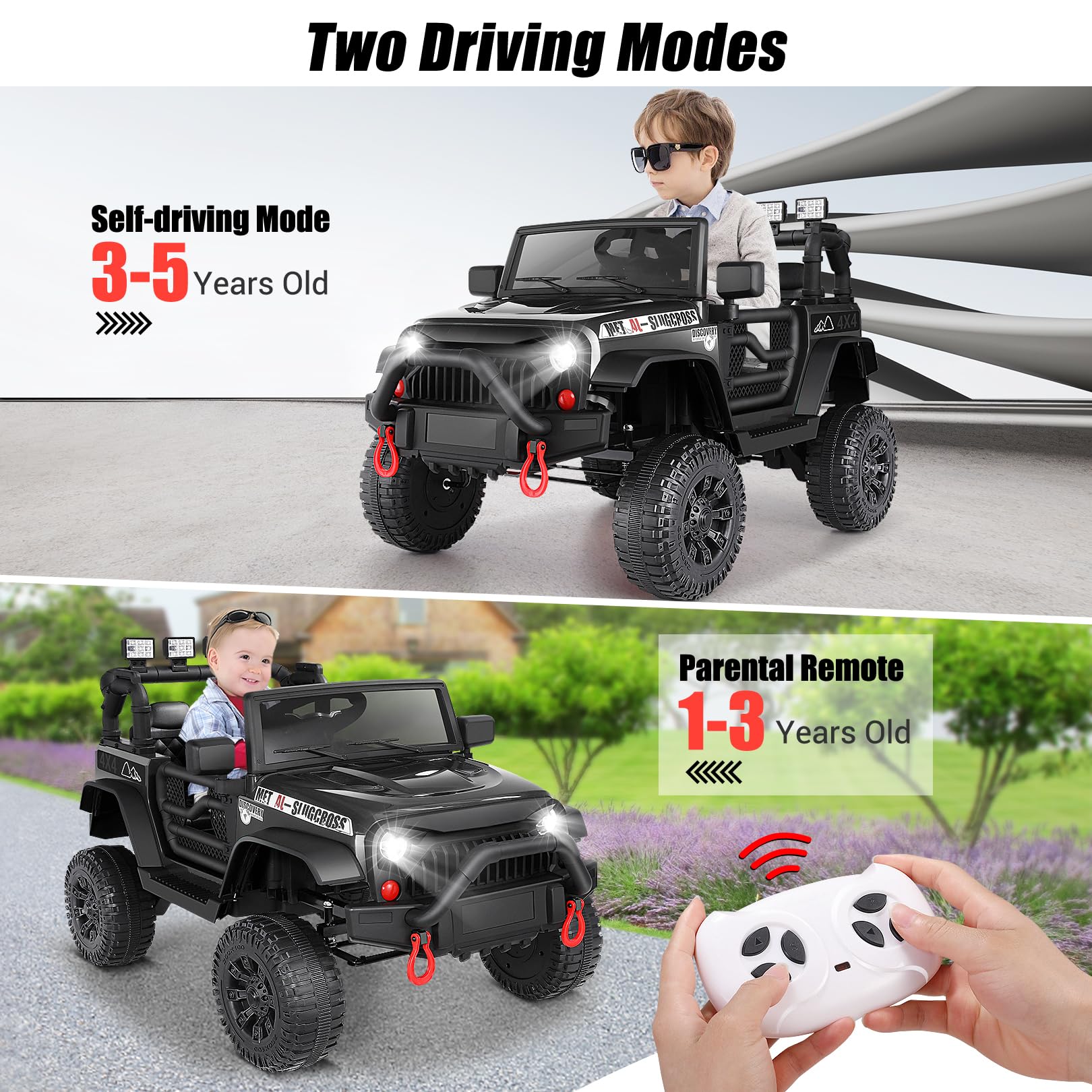 Hikole 12V Electric Ride-On Car for Kids with Parent Remote Control, Spring Suspension, LED Headlights & Bluetooth - Multi-Terrain Kids Toy Car with Digital Dashboard & Easy Towing - Perfect Birthday Gift for Boys & Girls (Black) - Great for Outdoor Play, Backyard Fun & Neighborhood Adventures