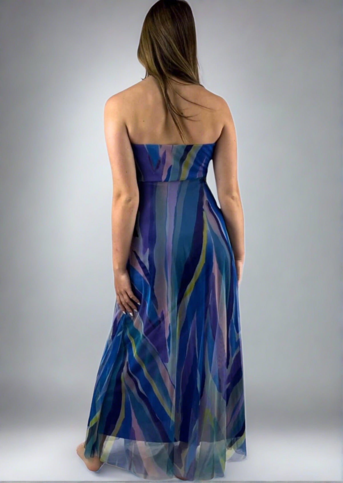 Elegant AQUARELLE Long Strapless Flared Empire Dress - Made in USA | Perfect for Weddings, Prom & Special Occasions