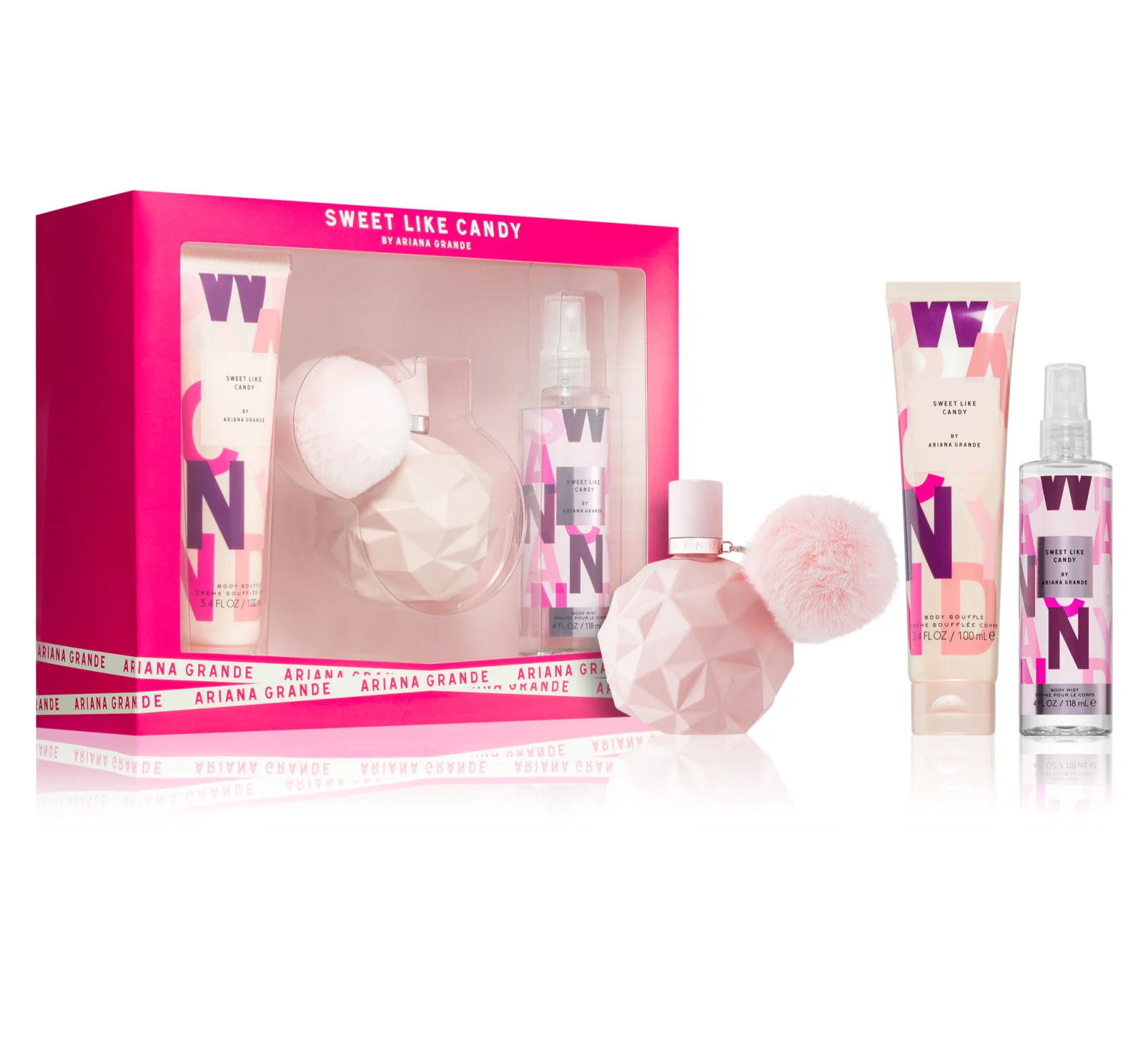 Ariana Grande Sweet Like Candy Perfume Gift Set - 3.4oz EDP Spray + 4oz Body Mist + 3.4oz Body Souffle for Women | Floral Fruity Fragrance | Birthday Gift, Valentine's Day Present, Anniversary Gift Set