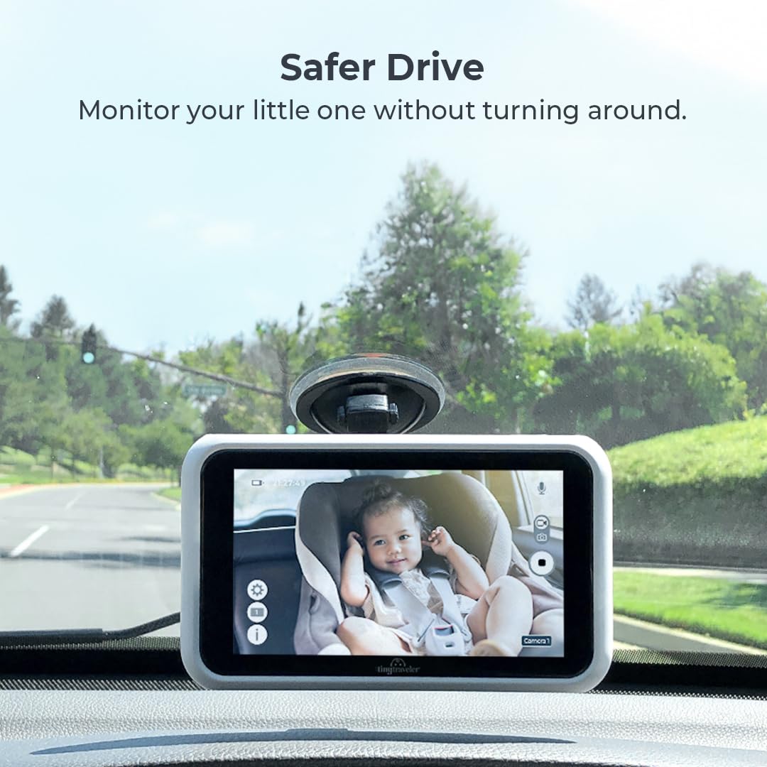 5” HD Touch Screen Baby Car Monitor – Hackproof, No WiFi Baby Camera for Car & Home – Rear-Facing Car Seat Monitor with Night Vision – Headrest or Clamp Mount – Baby Reminder Alert – White – Perfect for Road Trips & Safe Nighttime Monitoring