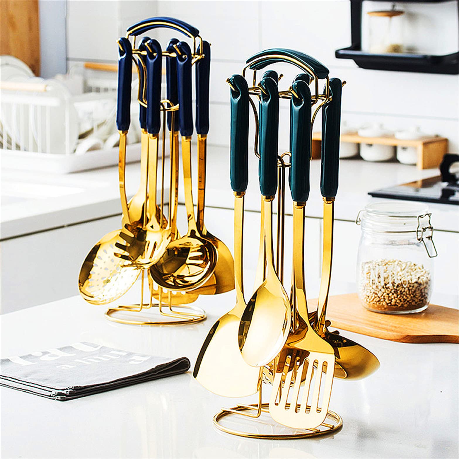 Premium 6-Piece Cooking Utensils Set with Holder - Stainless Steel Soup Ladle, Spatula, Slotted Turner, Skimmer Spoon & Rice Paddle - Nordic Style Kitchen Tools for Cooking, Frying & Serving - Perfect for Home Chefs & Professional Kitchens