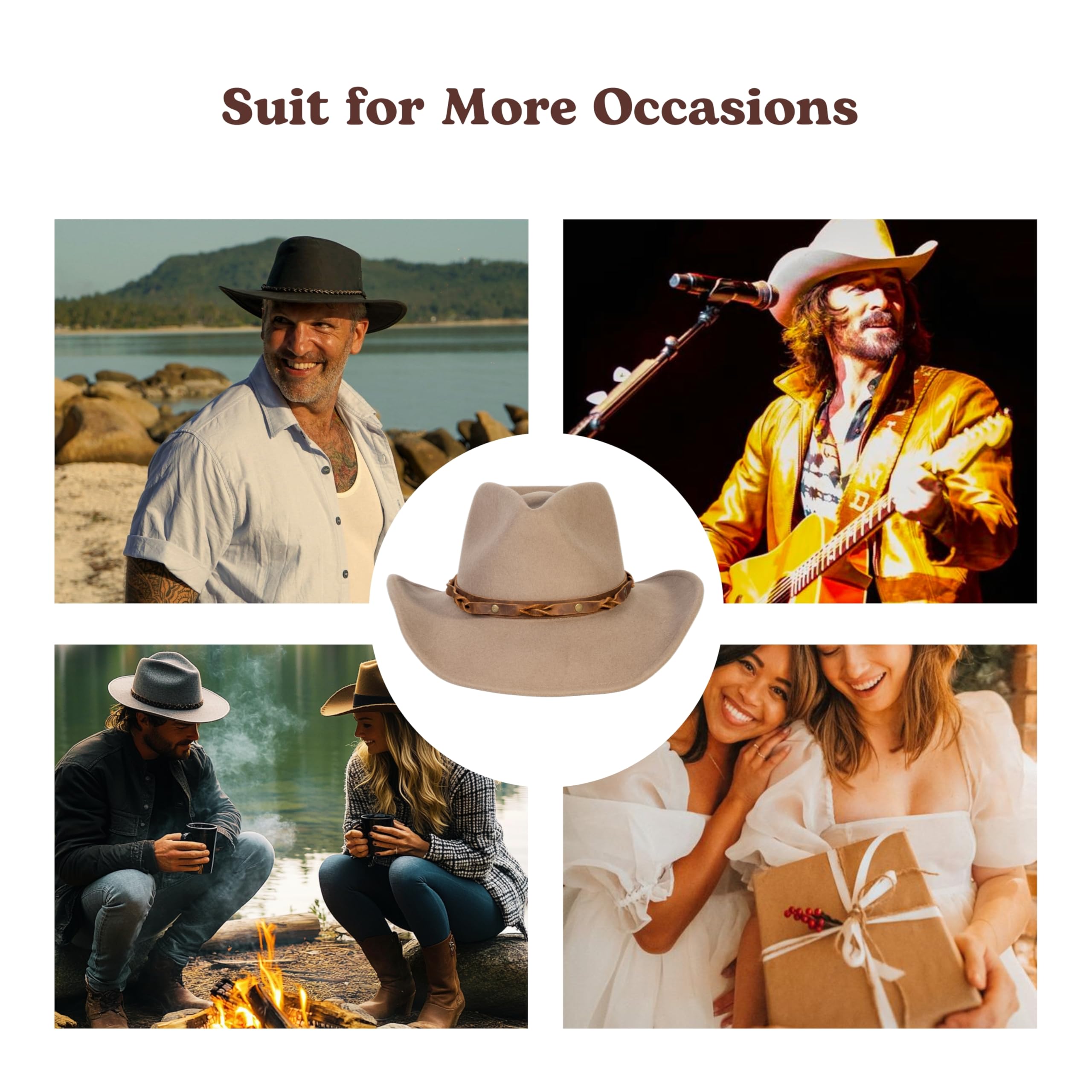 Stylish MIX BROWN Western Cowboy Hat for Men & Women - 100% Wool Wide Brim Cowgirl Hat, Outback Panama Rancher Felt Hat - Perfect for Country Rides, Music Festivals & Western Fashion