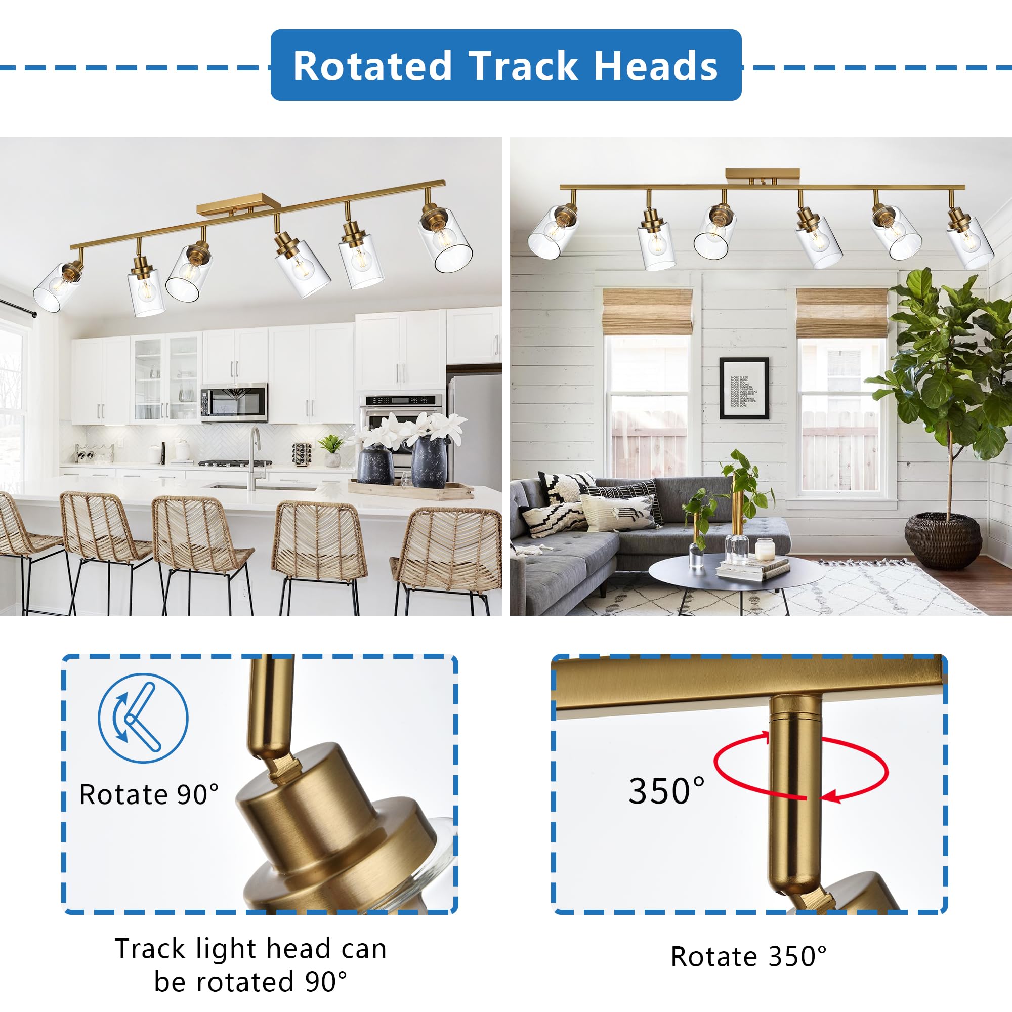 MELUCEE 6-Light Adjustable Bathroom Vanity Lighting Fixture - Multi-Directional Rotating Track Light Kit in Brass Finish with Clear Glass Shades - Perfect for Kitchen, Foyer, Bathroom & Bedroom Ceiling Spotlights