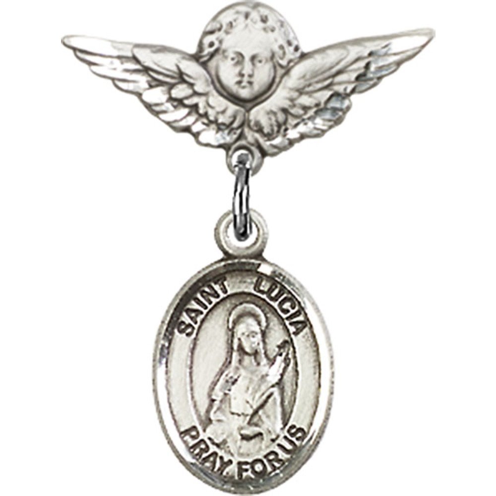 Sterling Silver Baby Badge with St. Lucia of Syracuse Charm & Angel Wing Pin - 7/8